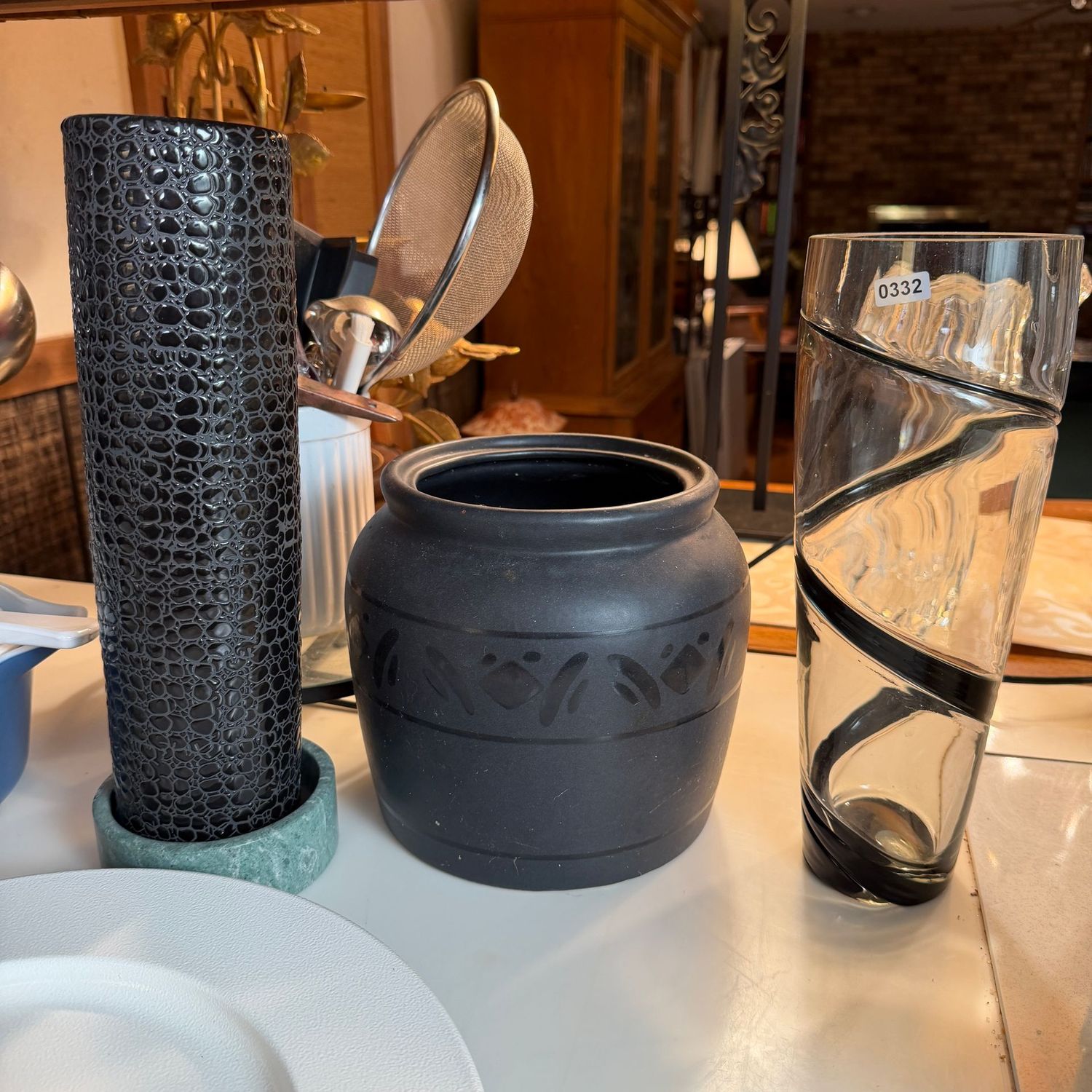 Decorative grouping of black Pfaltzgraff canister (no lid), glass swirl vase, and 13" textured ceramic vase, S0332