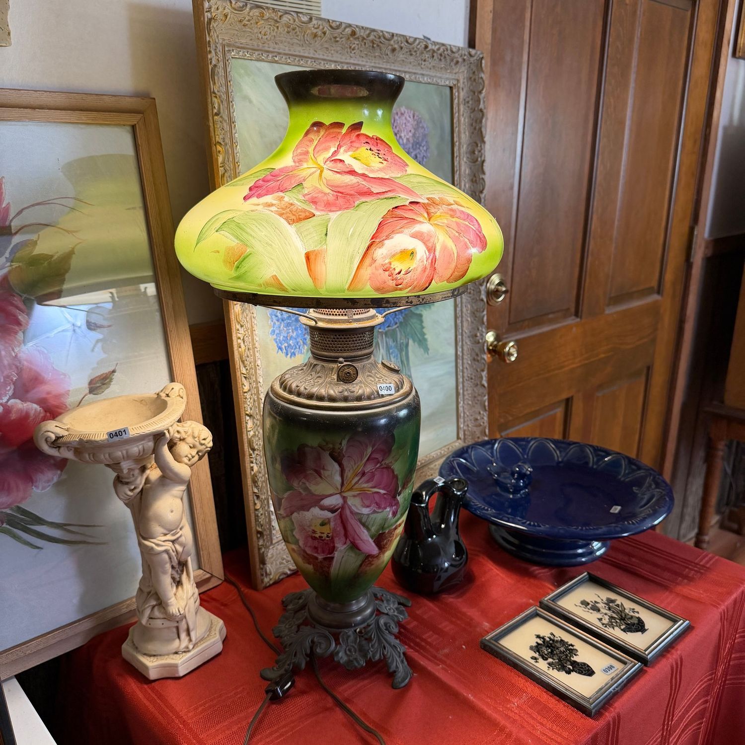 Hand-painted amaryllis elegant parlor lamp, converted gas lamp (electric), 24 Hand-painted amaryllis elegant parlor lamp, converted gas lamp (electric), 24"H x 12"W, S0400