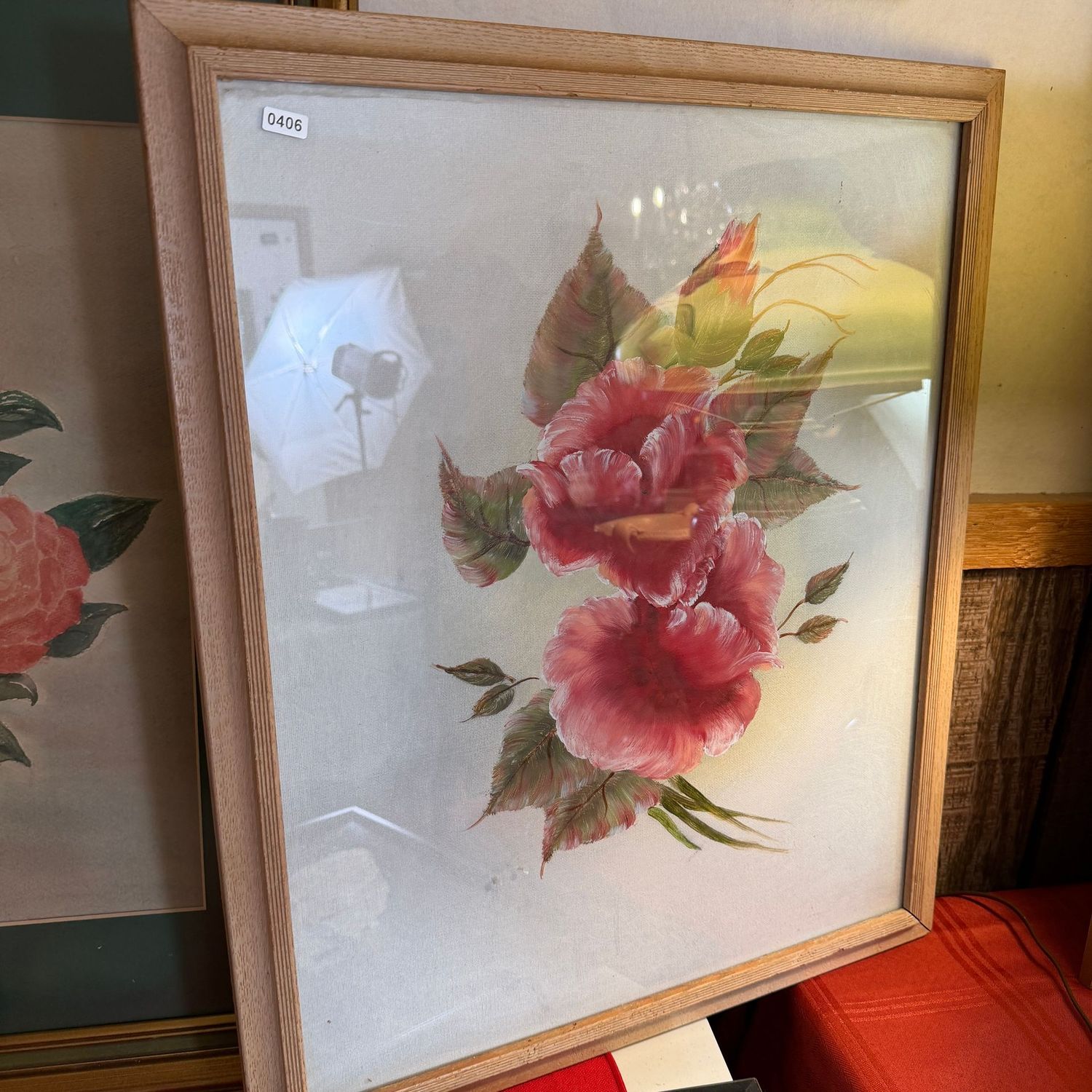 Vintage floral painting on fabric, canvas board backing, 24" x 19", S0406