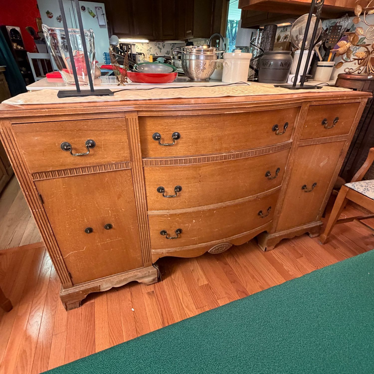 Vintage 1940s server, sideboard, lots of storage, ready for refurbishing as some veneer is loose on base, cabinet pull is missing, some scratches and marks, 36"H x 20"D x 60"L