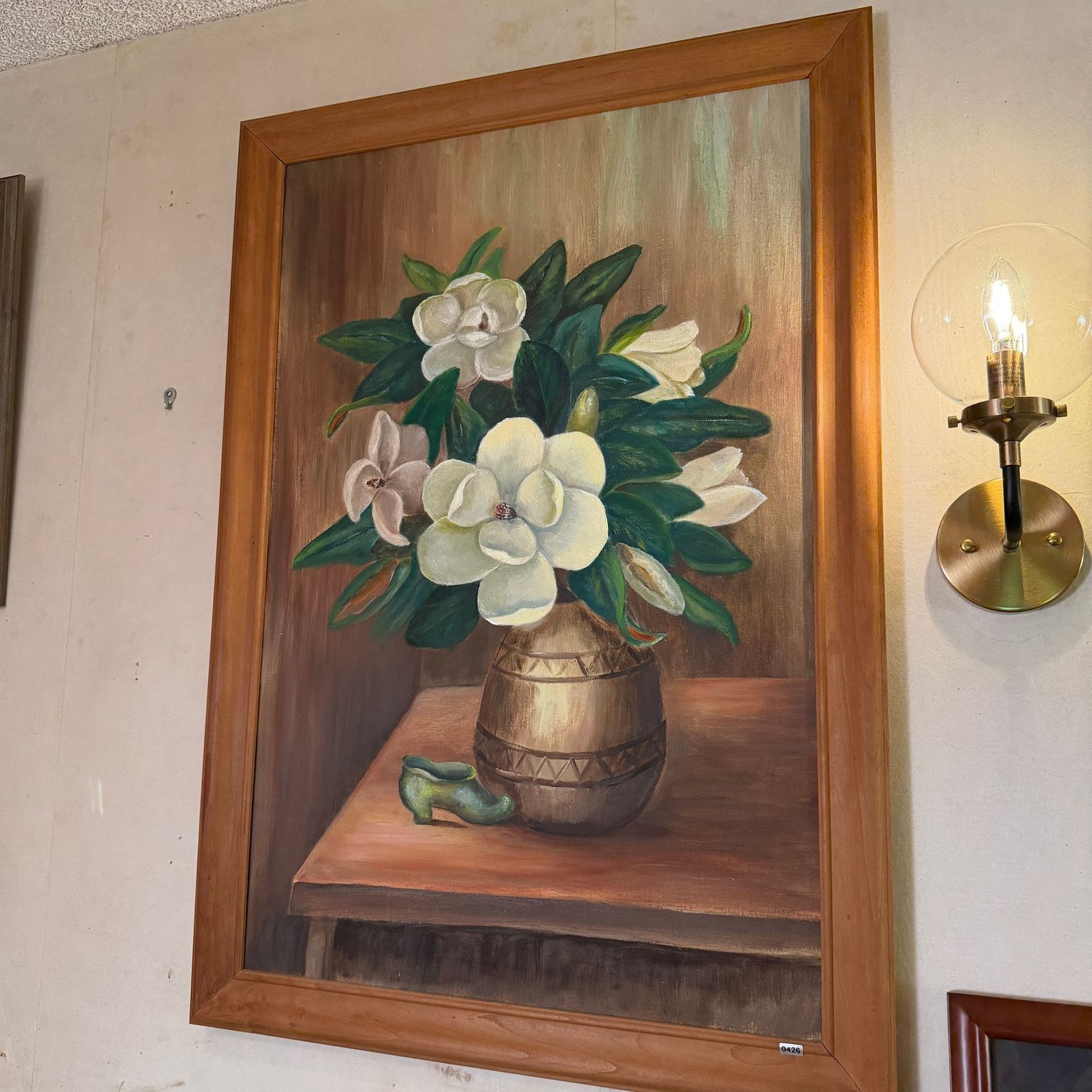 Large still life painting by A. Melton, magnolia arrangement with small green shoe below, 40 Large still life painting by A. Melton, magnolia arrangement with small green shoe below, 40" x 28", S0426