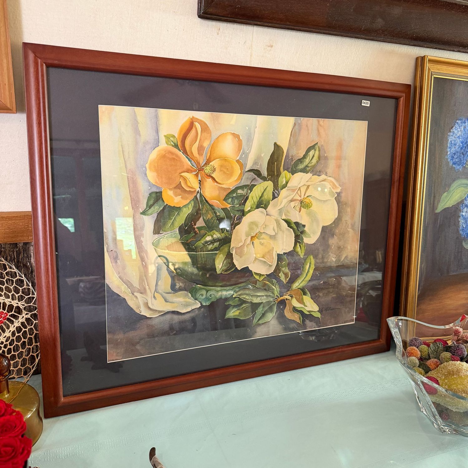 Large magnolia flower watercolor Print by C. Wilcox, professionally framed, Under Glass, 24 Large magnolia flower watercolor Print by C. Wilcox, professionally framed, Under Glass, 24" x 30", S0420