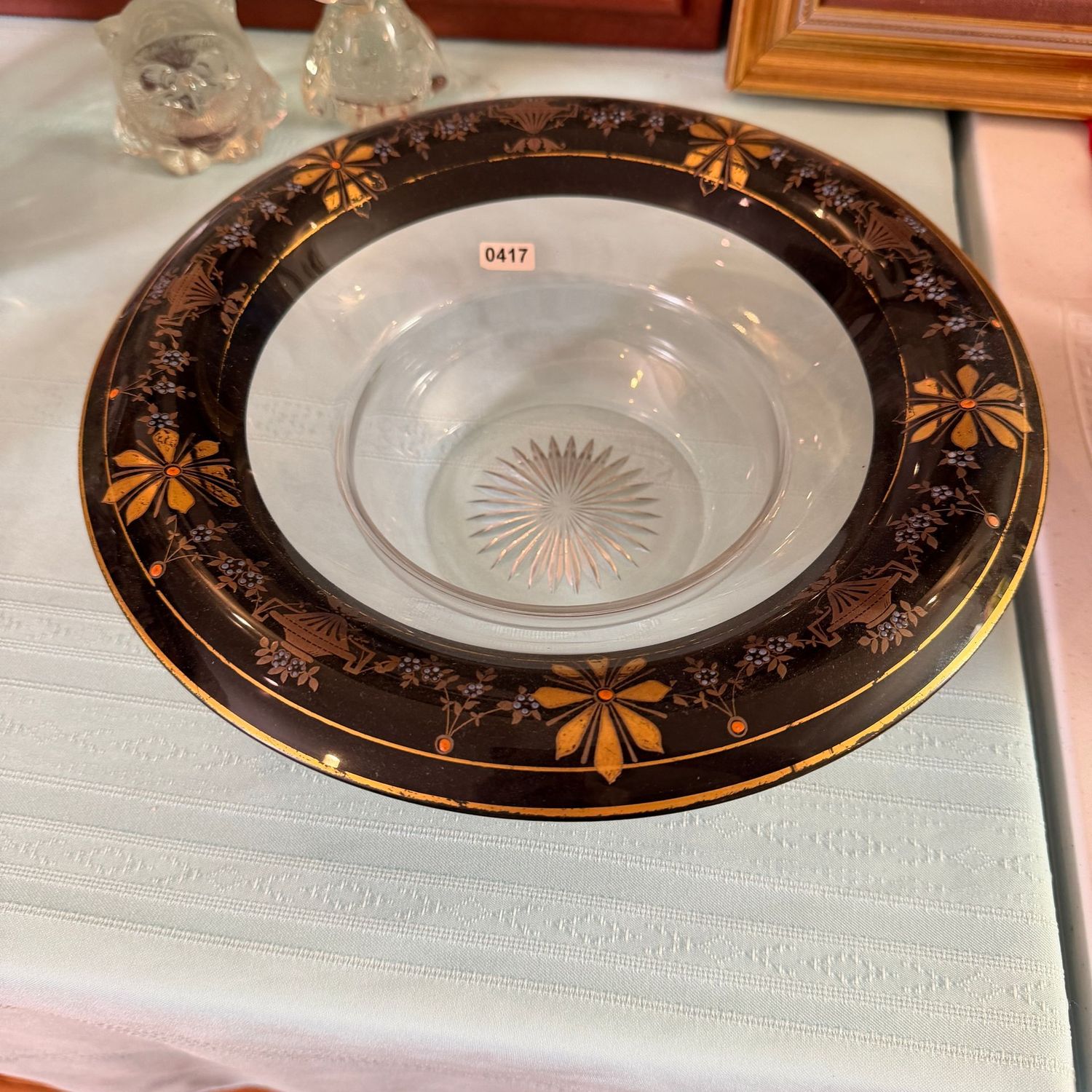 Hand-painted black floral dish, 10", S0417