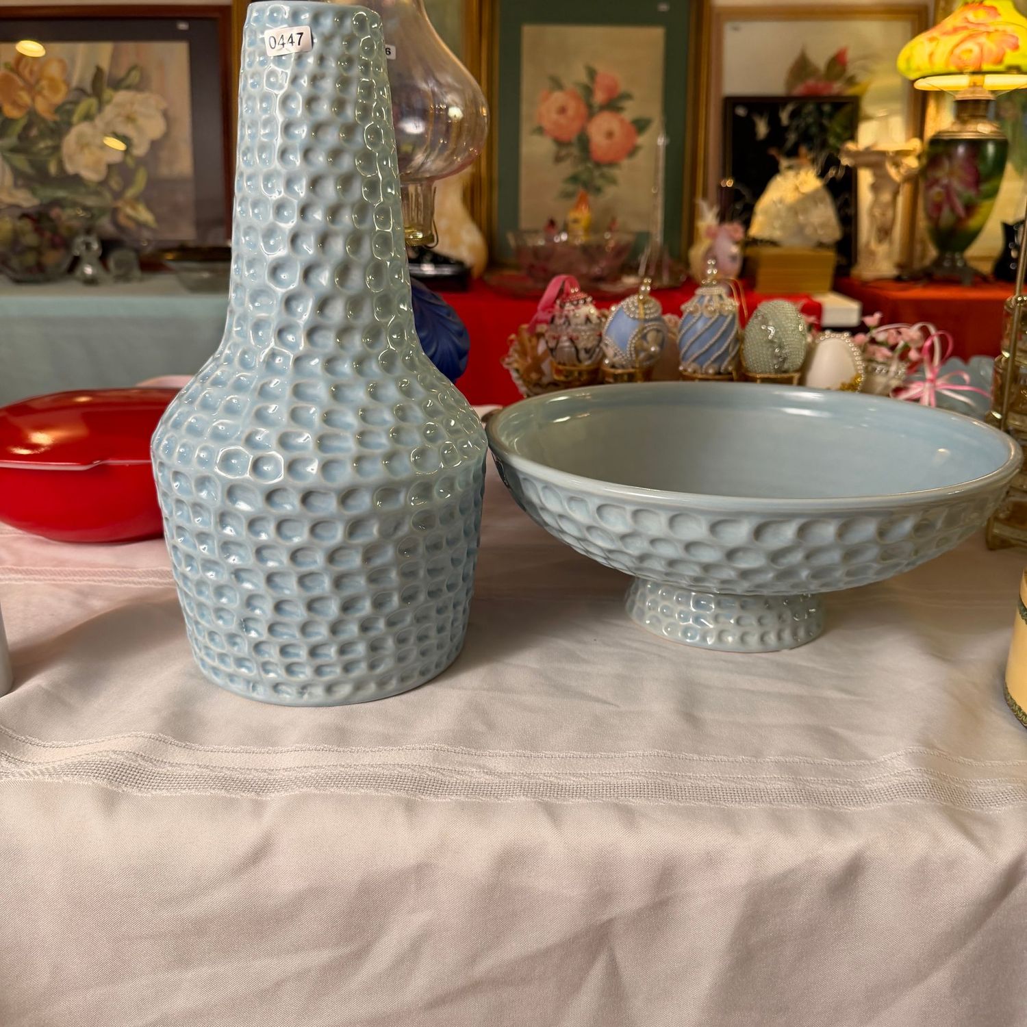 Blue textured ceramic vase and matching bowl, vase is 13"H, S0447