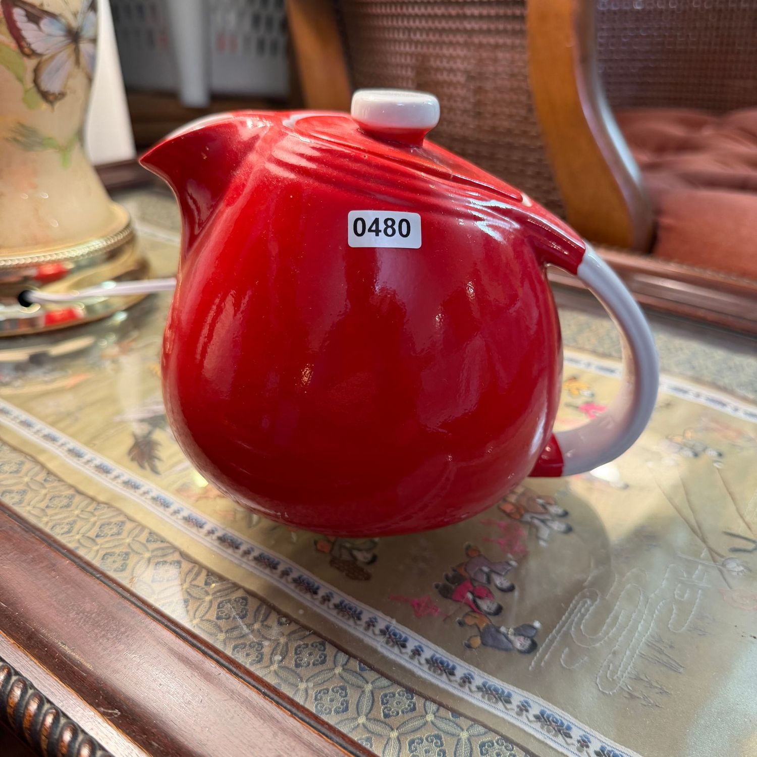 Vintage red Hall teapot, 6"H, lid has been glue-repaired, S0480