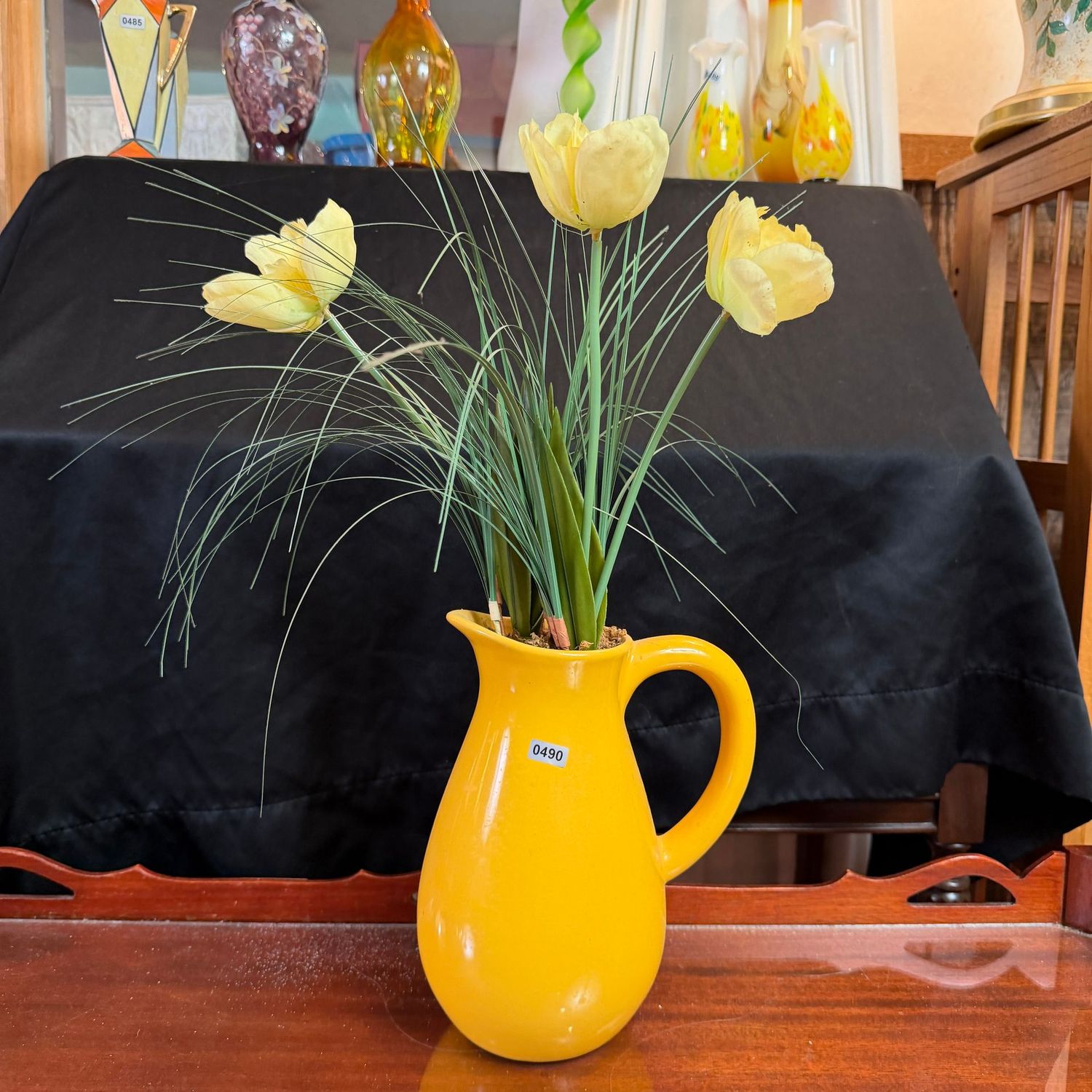 Bright yellow ceramic pitcher vase with yellow Silk Craft flowers (mild wear), 18"H, S0490