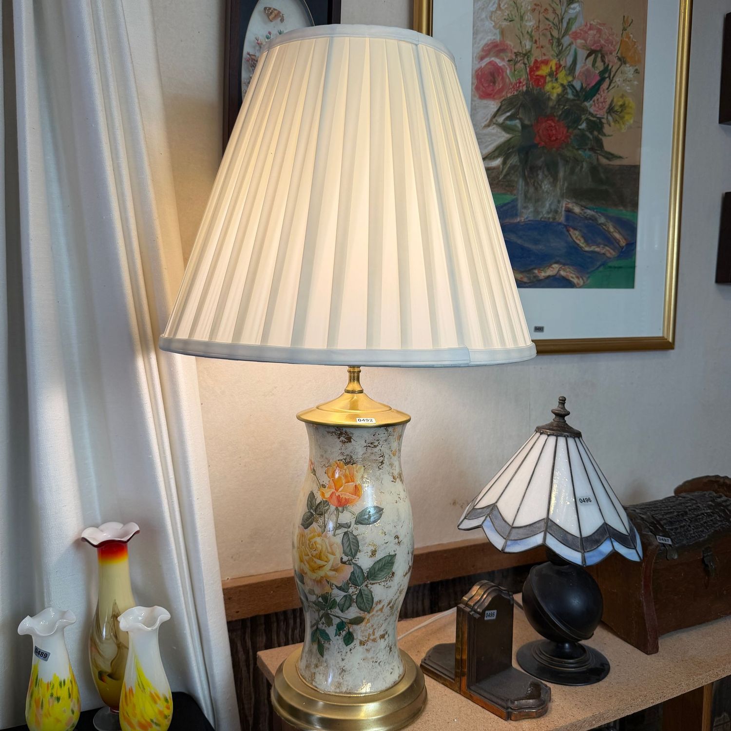 Hand-decorated and decopaged yellow roses vase lamp, brass, 28 Hand-decorated and decopaged yellow roses vase lamp, brass, 28"H, x 13"W, S0492