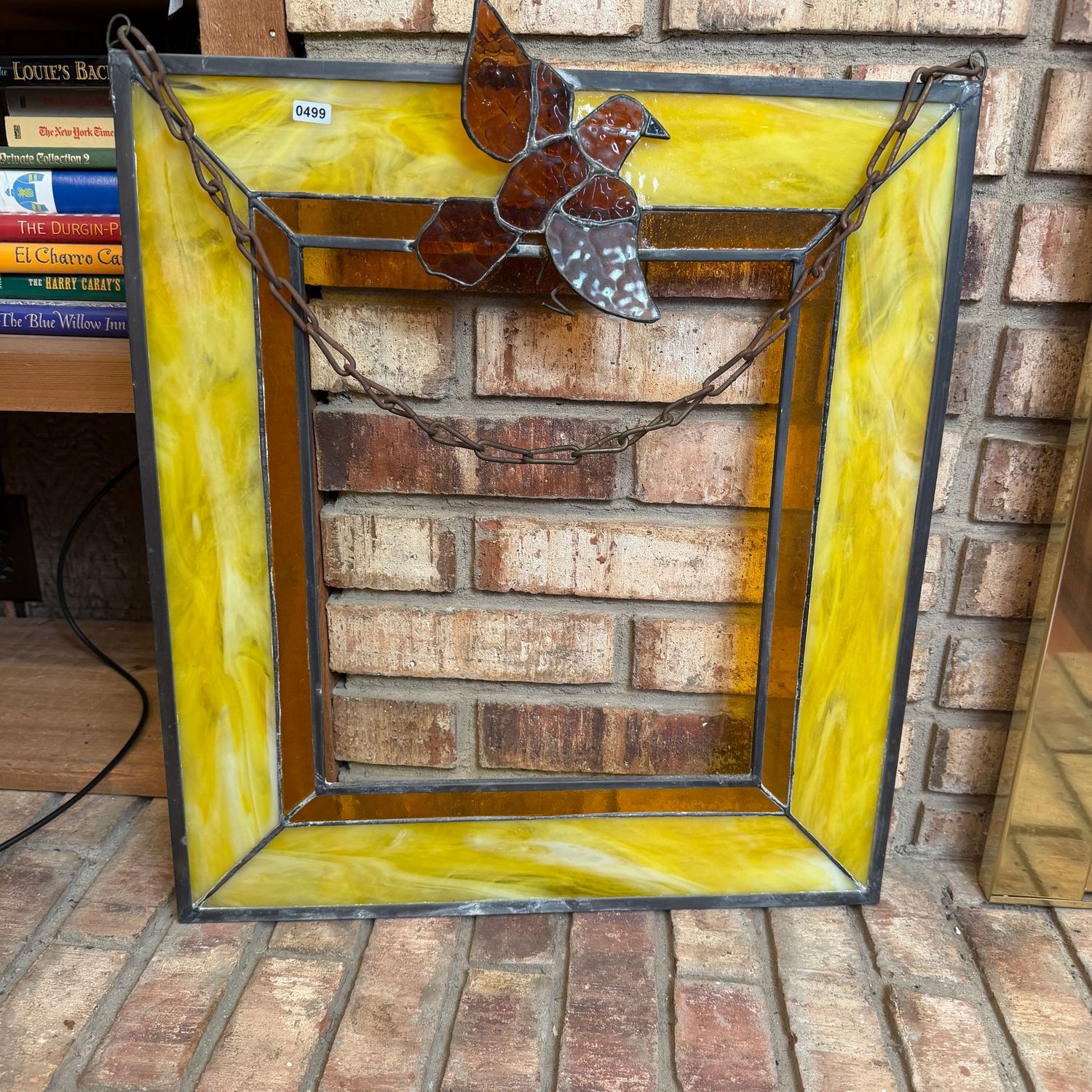 Beautiful yellow and amber stained glass hangable large frame, open center, bird applique, 21" x 19", S0499