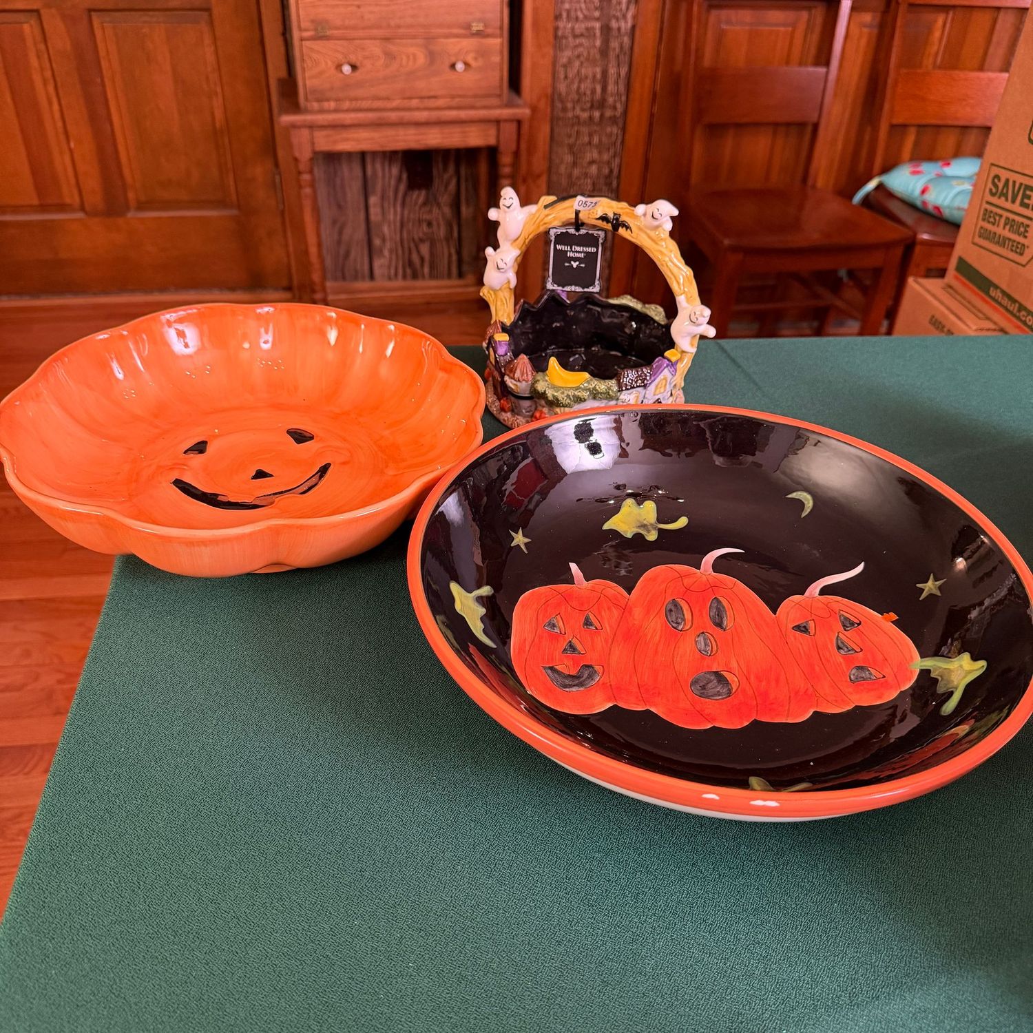 Pumpkin Halloween table display with the largest platter being 13"W, includes ghost/graveyard ceramic basket, S0573