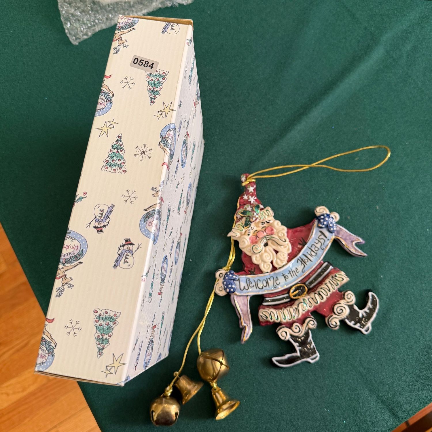 Blue Sky Clayworks Santa door hanger with bells, and box, 9 Blue Sky Clayworks Santa door hanger with bells, and box, 9"H, S0584