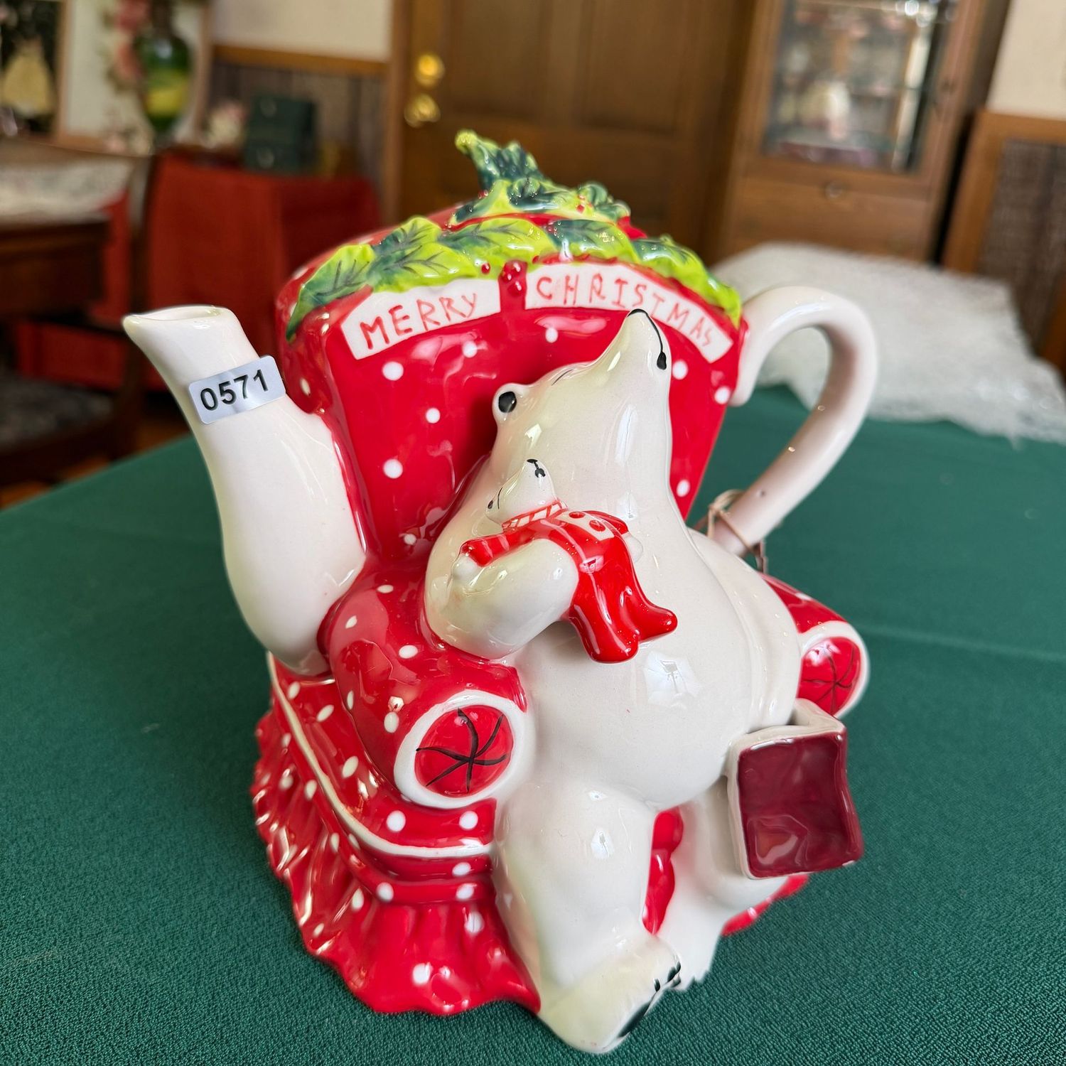 Blue Sky Clayworks Merry Christmas polar bear sleeping teapot, 7", S0571
