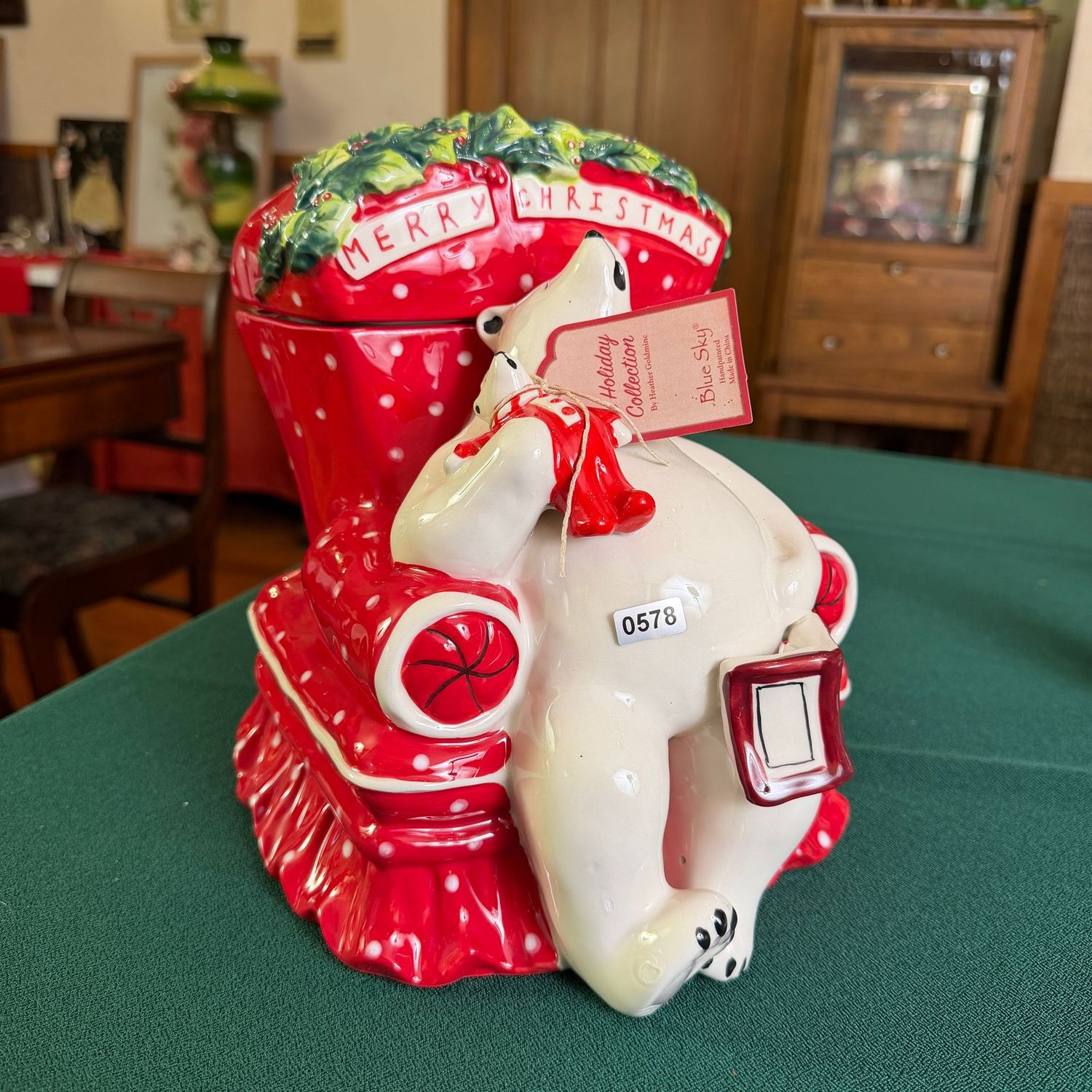 Blue Sky Clayworks Merry Christmas sleeping polar bear cookie jar, 10 Blue Sky Clayworks Merry Christmas sleeping polar bear cookie jar, 10"H, S0578