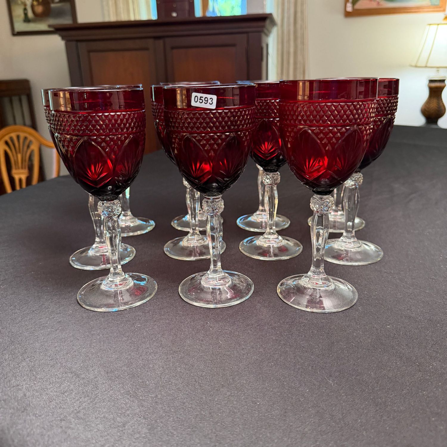Cristal D'Arques-Durand goblets, Antique Ruby, red cup with clear stem, S0593