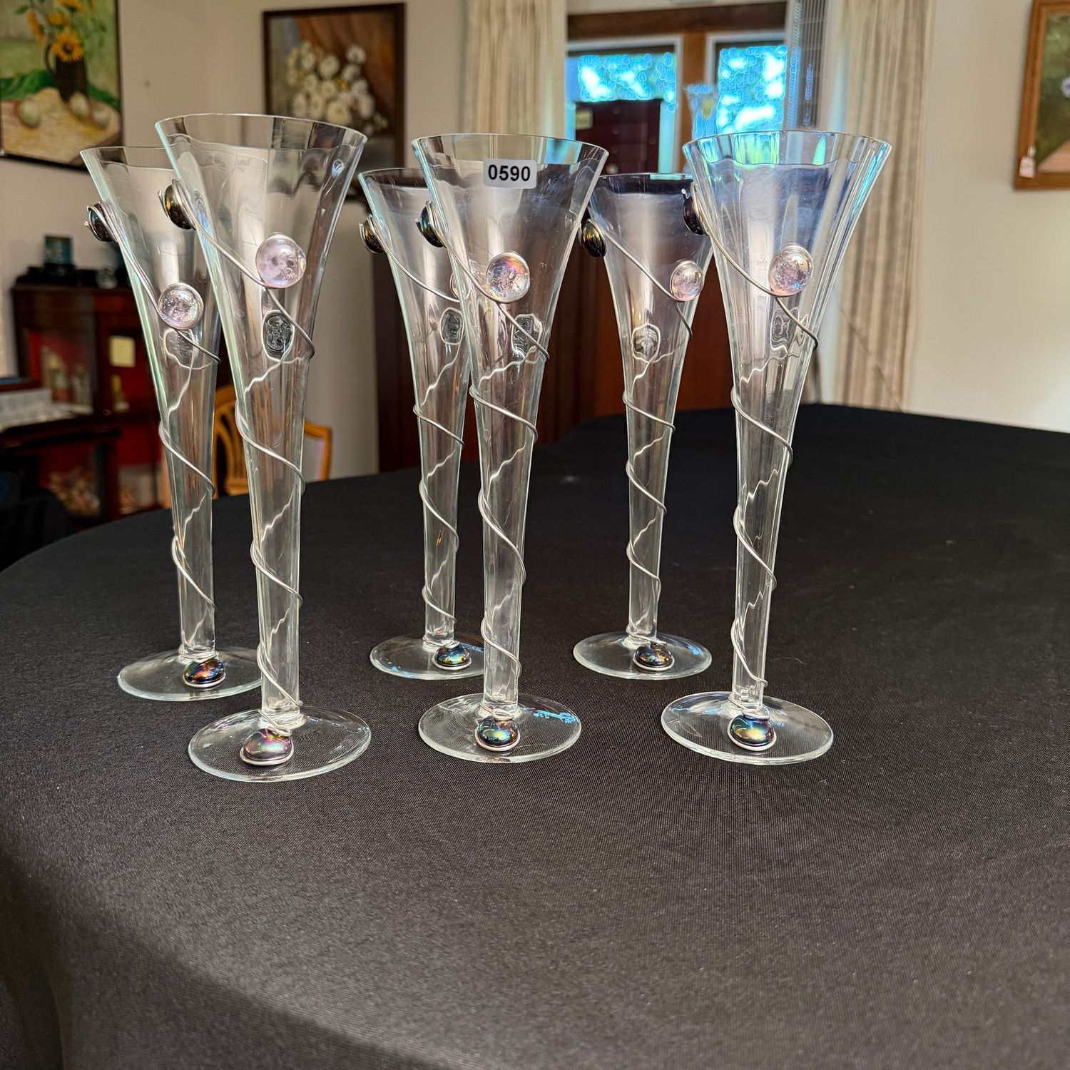 Six champagne flutes, wire-wrapped with bead accents, S0590 Six champagne flutes, wire-wrapped with bead accents, S0590