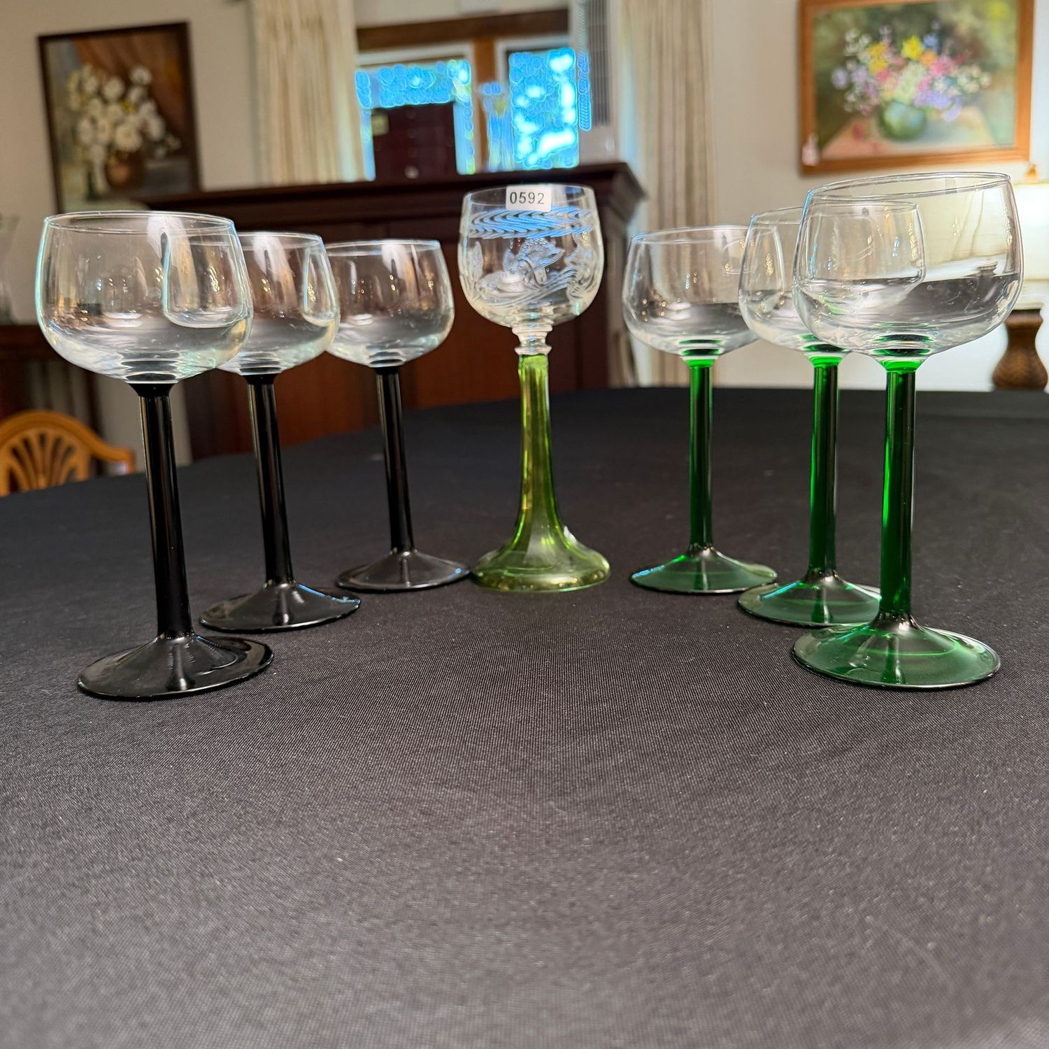 Group of vintage stemware, green and black stems, S0592