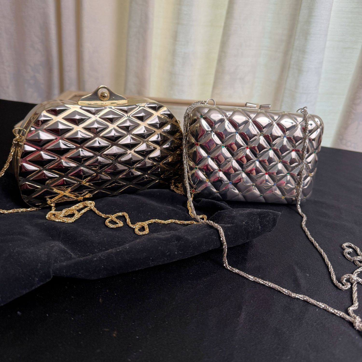 Evening bags S0672, metal dark silver-tone quilted, (one on right needs small replacement gems)