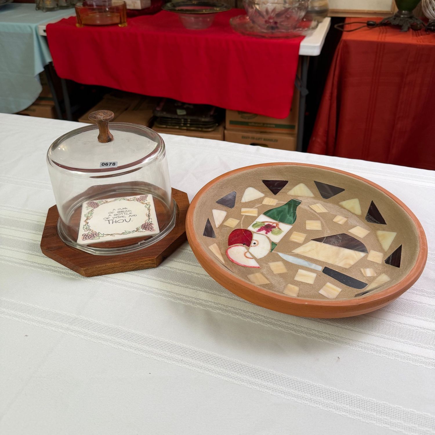 Vintage-style covered cheese dome and 12 Vintage-style covered cheese dome and 12" pottery serving dish, S0678
