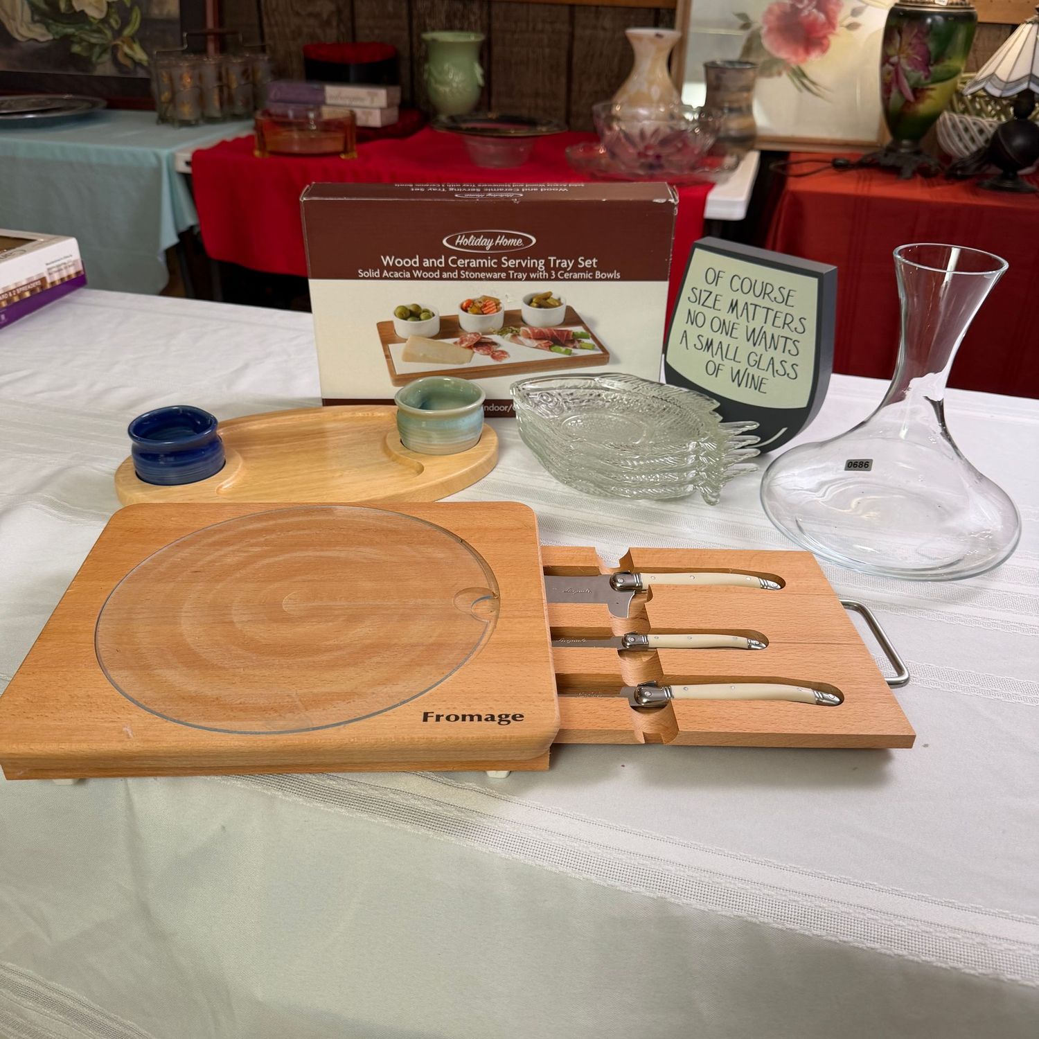 'No One Wants a Small Glass of Wine' grouping with plaque, crystal decanter, Fromage cutting board, Holiday House serving tray, glass plates, S0686 'No One Wants a Small Glass of Wine' grouping with plaque, crystal decanter, Fromage cutting board, Holiday House serving tray, glass plates, S0686