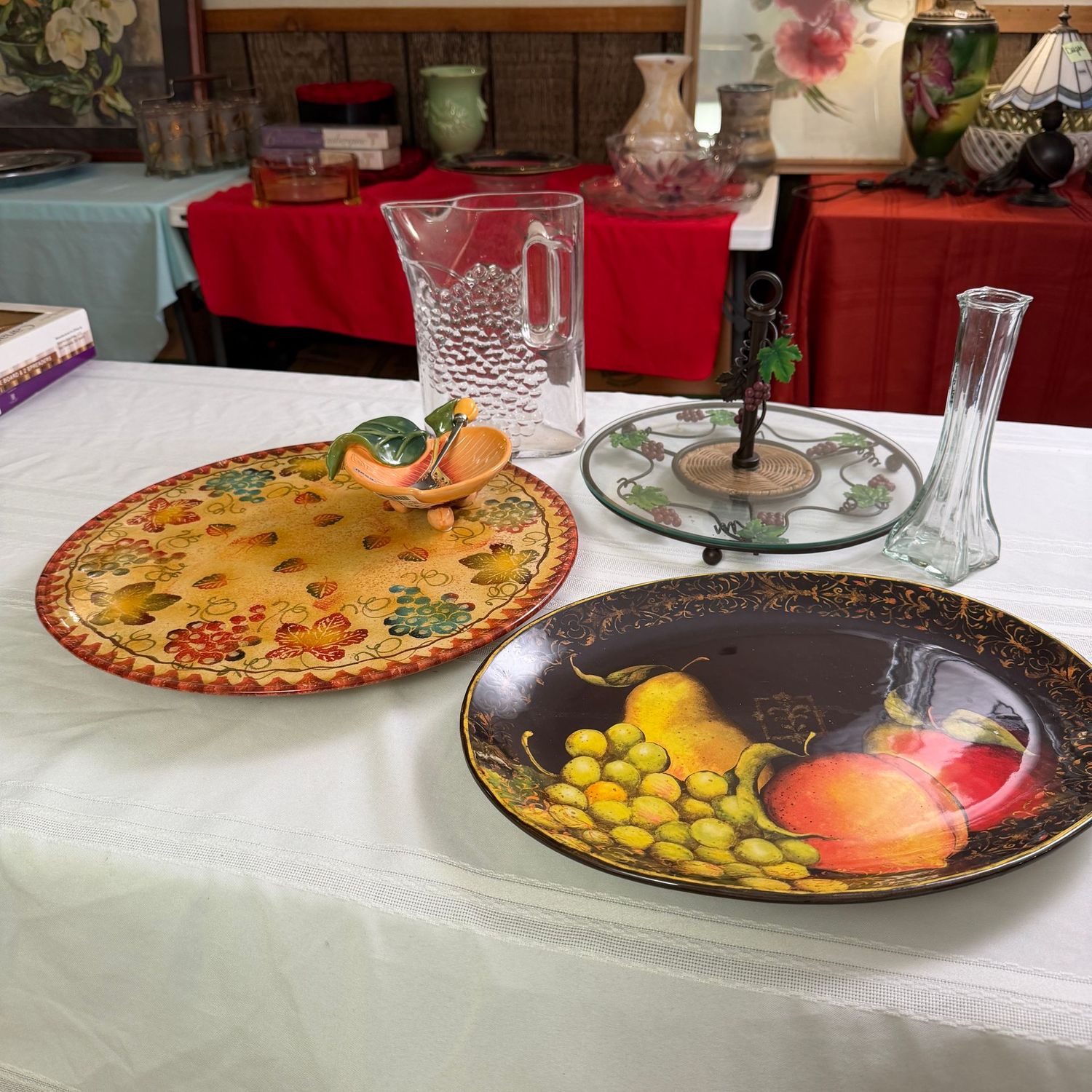 Fruit & Flavor lot with grape harvest glass pitcher, grapes tidbit tray, fruit platter, and 16"W fall lazy susan platter, S0683