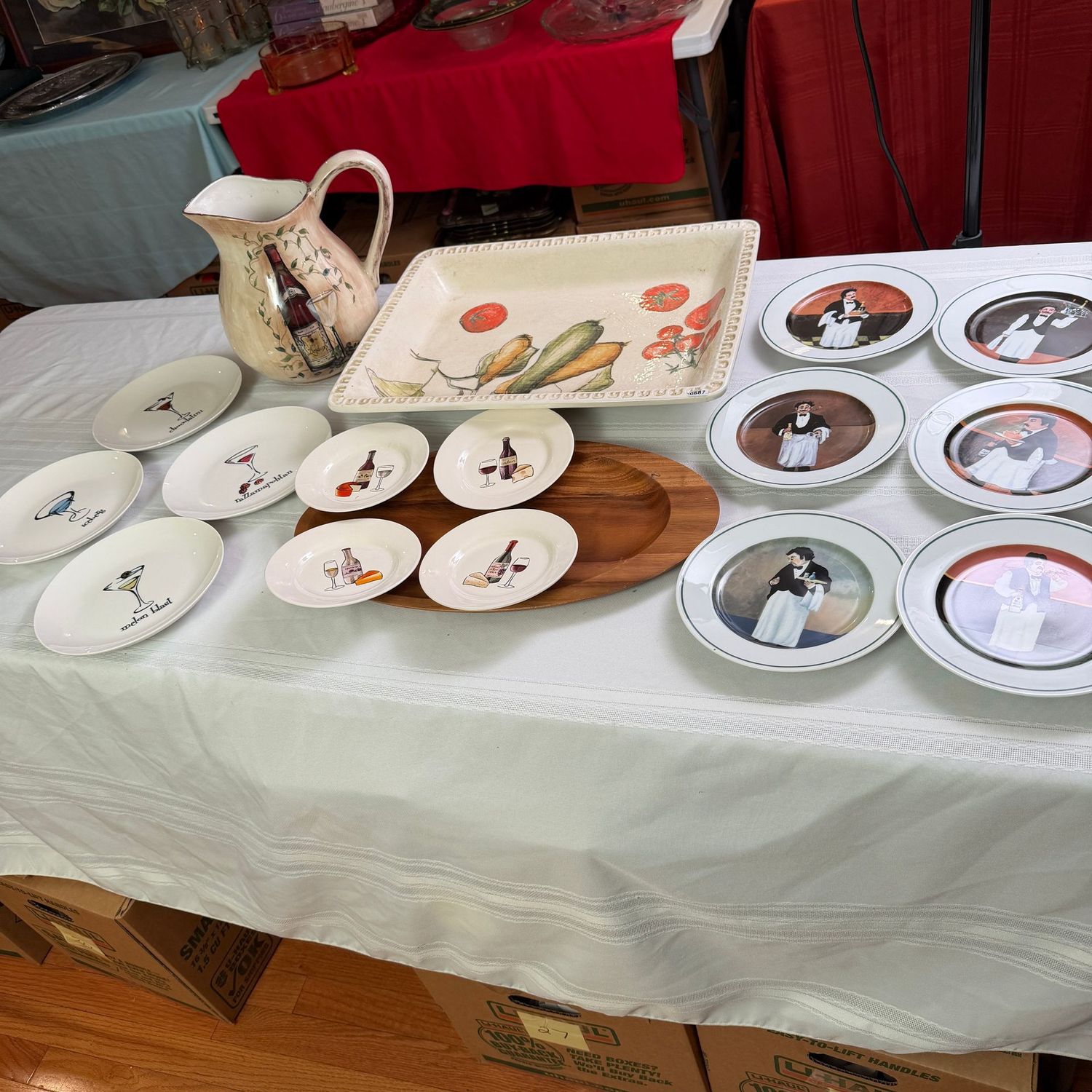 Cocktail hour plates, serving board, ceramic pitcher, and large 18" stoneware platter, S0687