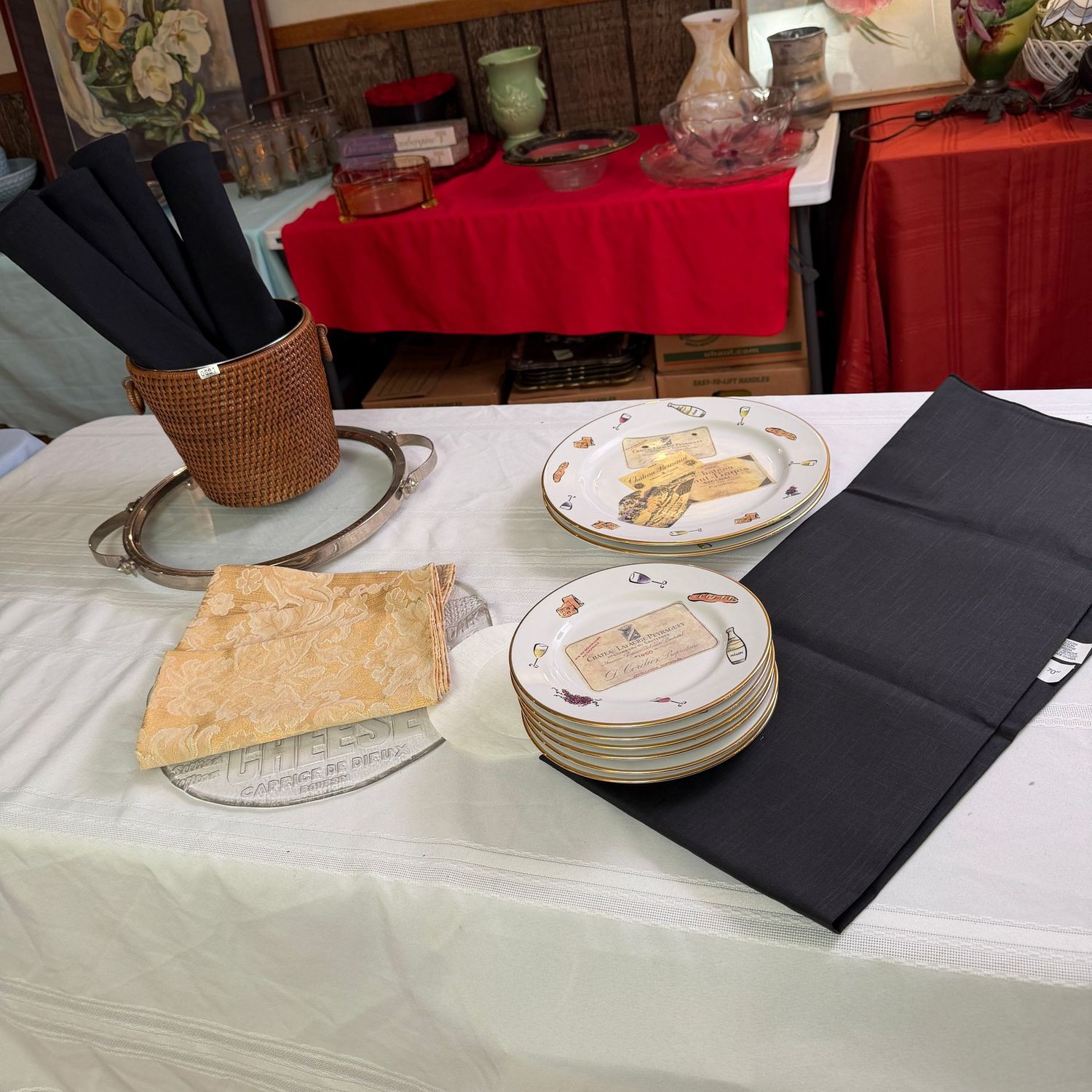 Entertain with me set, plates, platters, ice bucket, black tablecloth, and black placemats, S0691