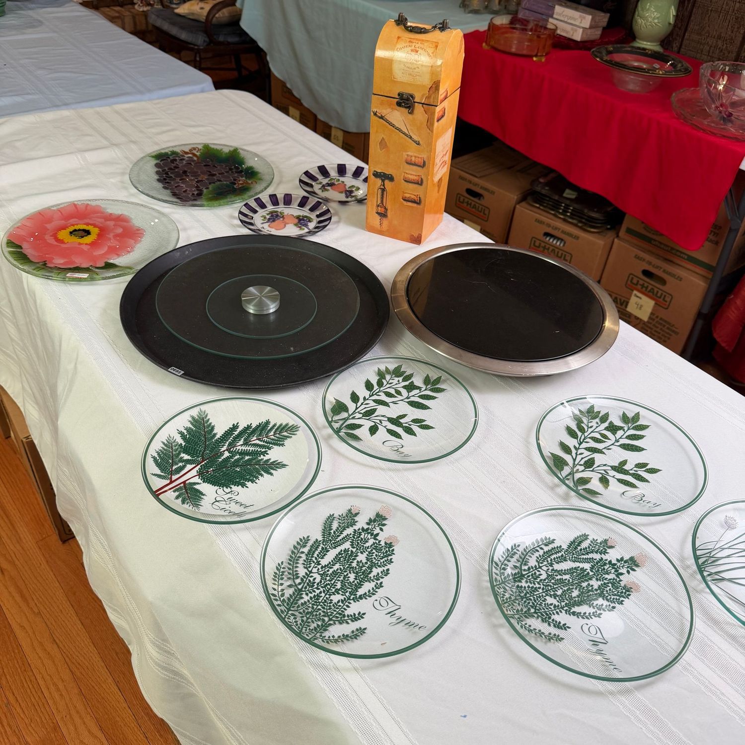 Herbs glass plates, marble platter, plastic serving tray, glass lazy susan, wooden wine bottle box, Peggy Kan glass plates, S0695 Herbs glass plates, marble platter, plastic serving tray, glass lazy susan, wooden wine bottle box, Peggy Kan glass plates, S0695