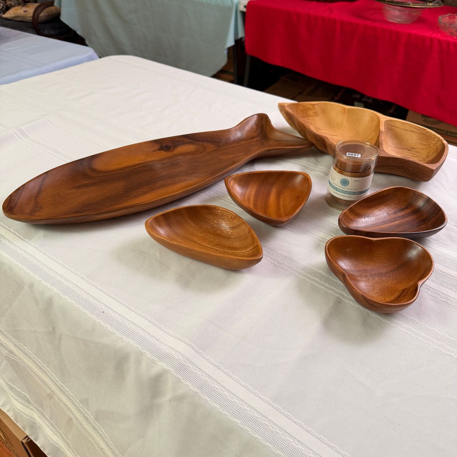Wooden serving bowls, divided bowl, and 20 Wooden serving bowls, divided bowl, and 20"L fish-shaped tray, S0697