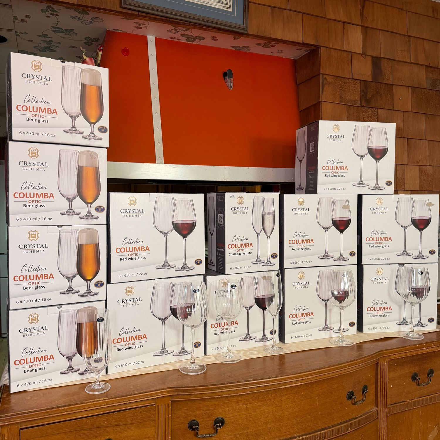 Amazing set of Crystal Bohemia Columbia Optic stemware in boxes, S0725