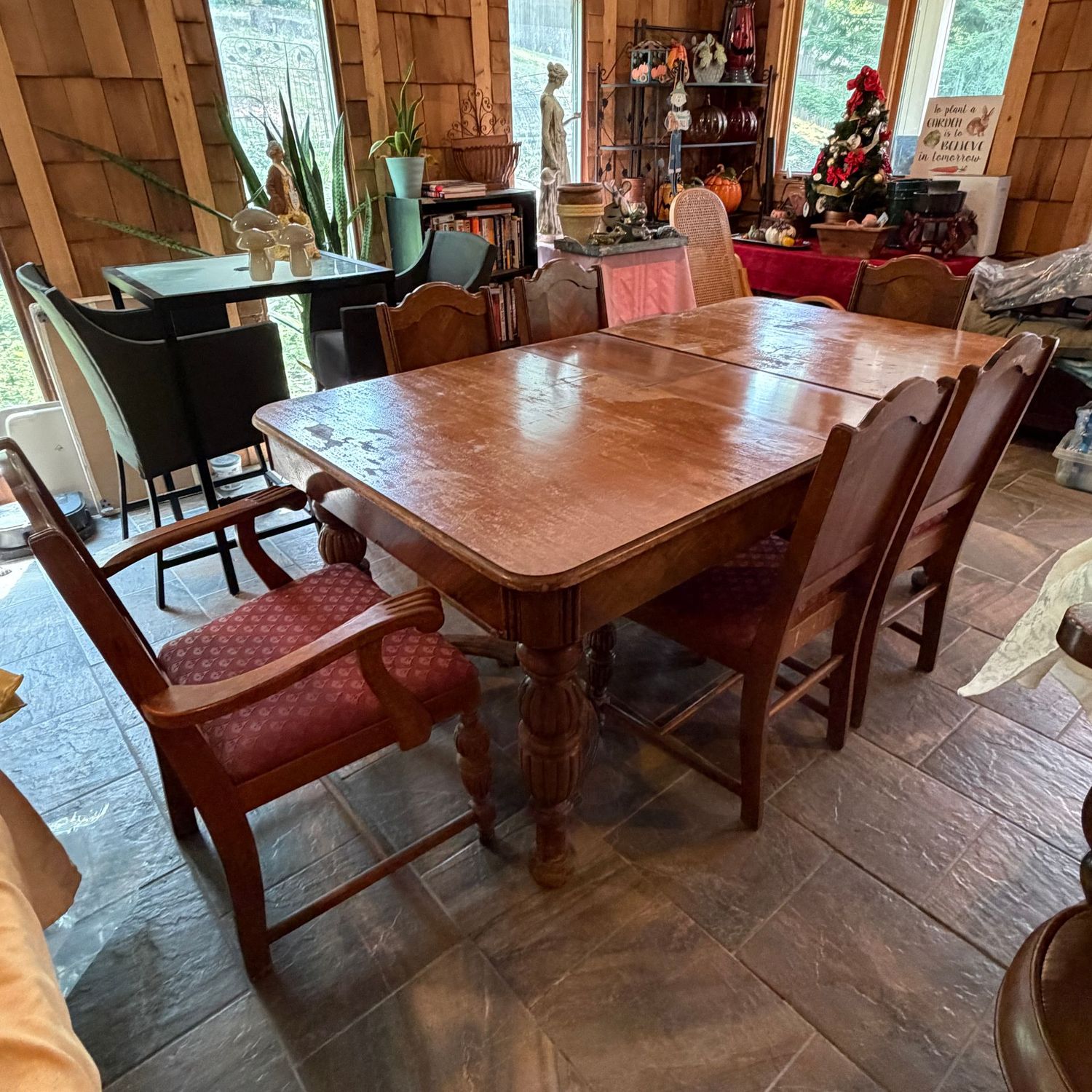 Vintage Jacobean-style dining set, chairs are sturdy as is the table, has a butterfly leaf (stows underneath), top of table shows more wear, 72 Vintage Jacobean-style dining set, chairs are sturdy as is the table, has a butterfly leaf (stows underneath), top of table shows more wear, 72"L x 40"W