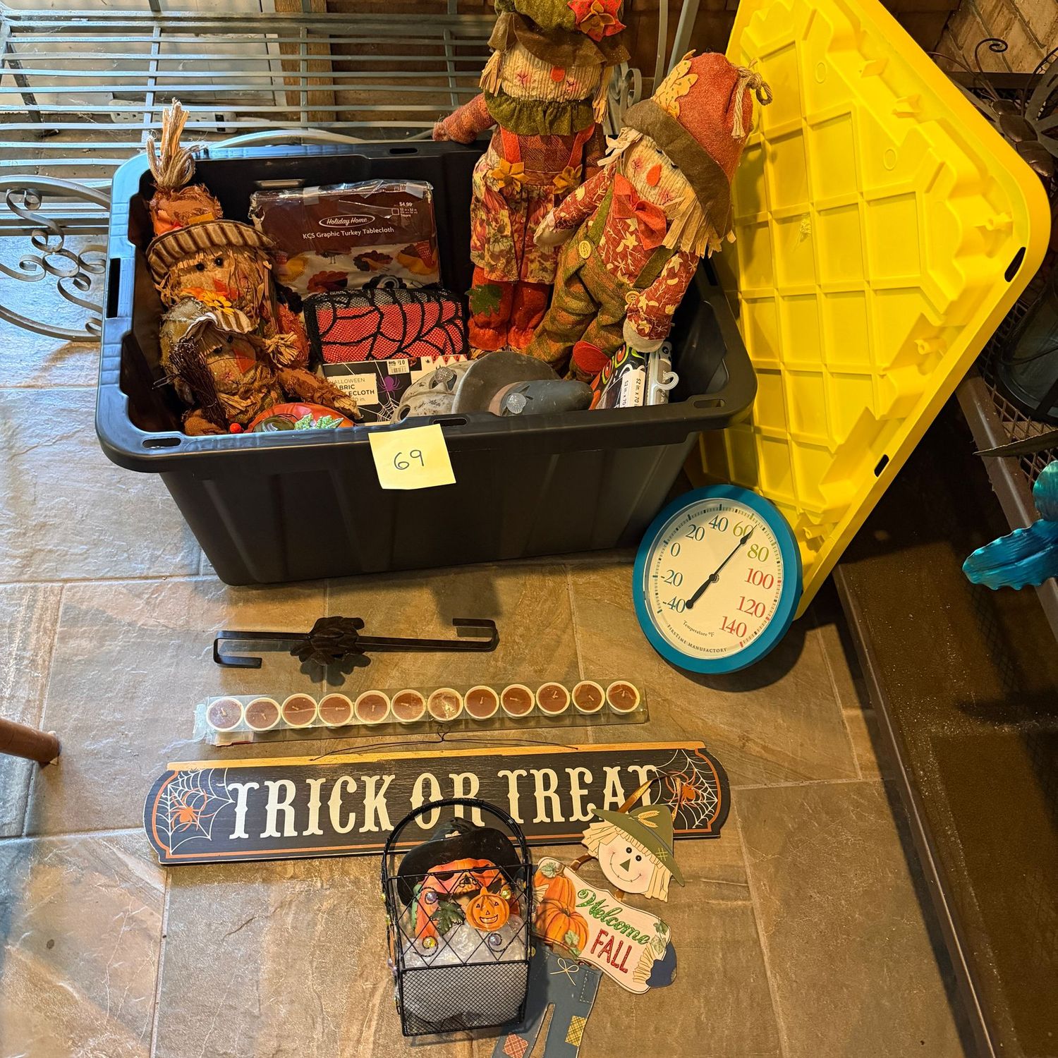 Box Lot 69, Step into Fall with this great selection of fall decor, pumpkins, scarecrows, wreath hanger, tablecloths, sign & more, comes with tote Box Lot 69, Step into Fall with this great selection of fall decor, pumpkins, scarecrows, wreath hanger, tablecloths, sign & more, comes with tote
