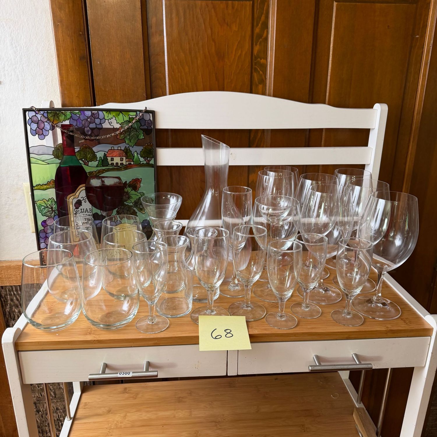 Box Lot (Wrapped) 68, variety of stemware, decanters, painted glass vineyard plaque