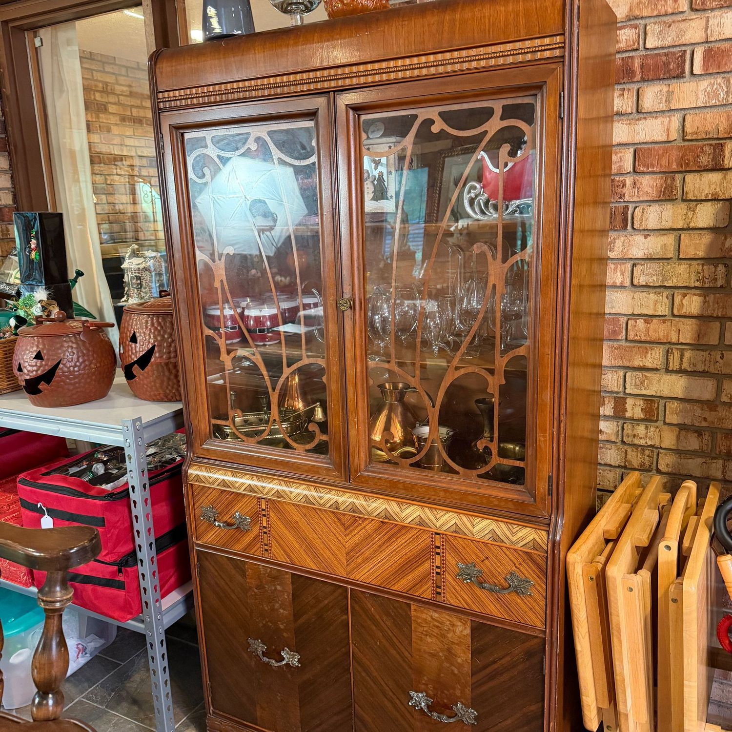 Vintage deco-style china/display cabinet, some wear, 67"H x 34"W x  14"D