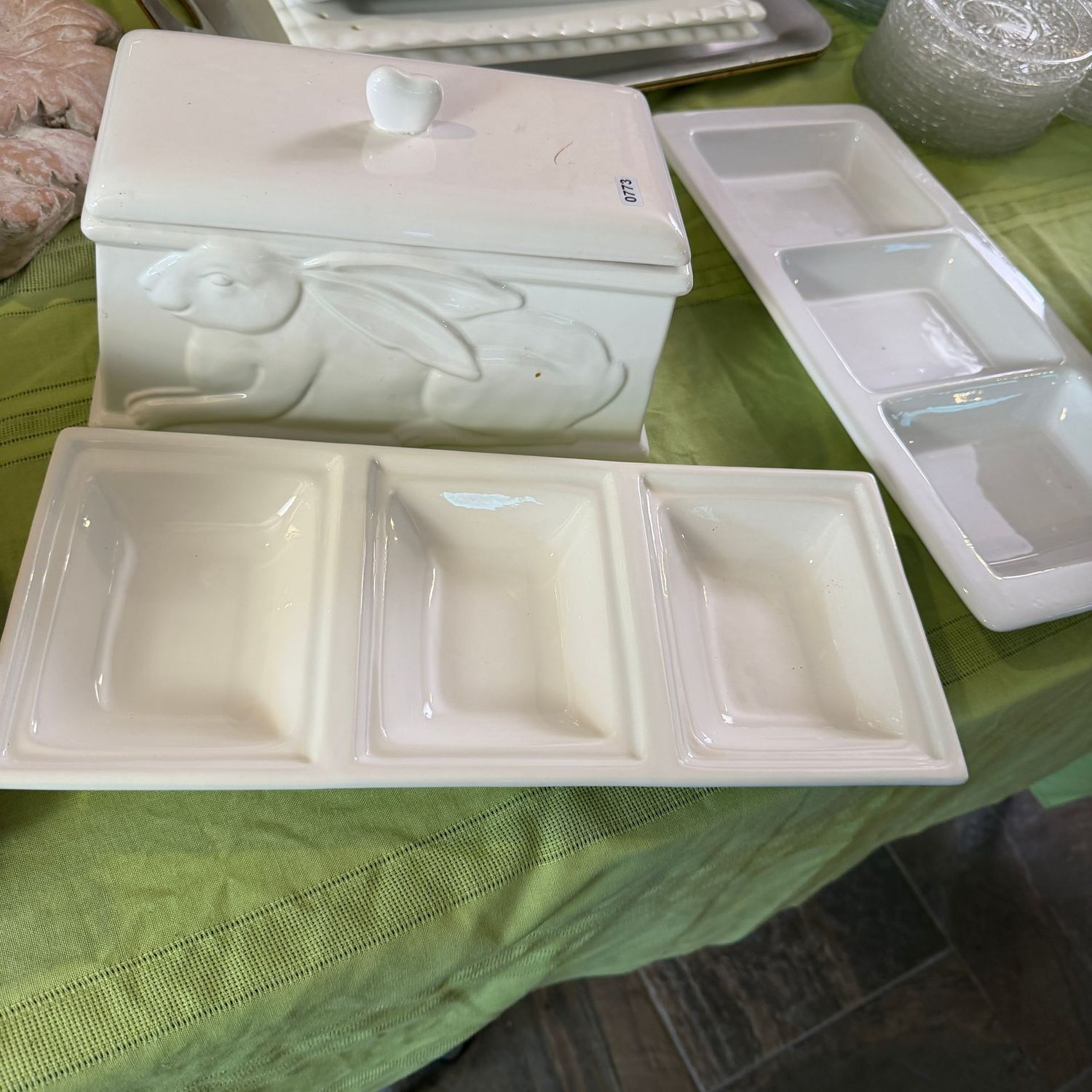 Two white ceramic divided platters 14"L, and a white rabbit rectangular canister, S0773