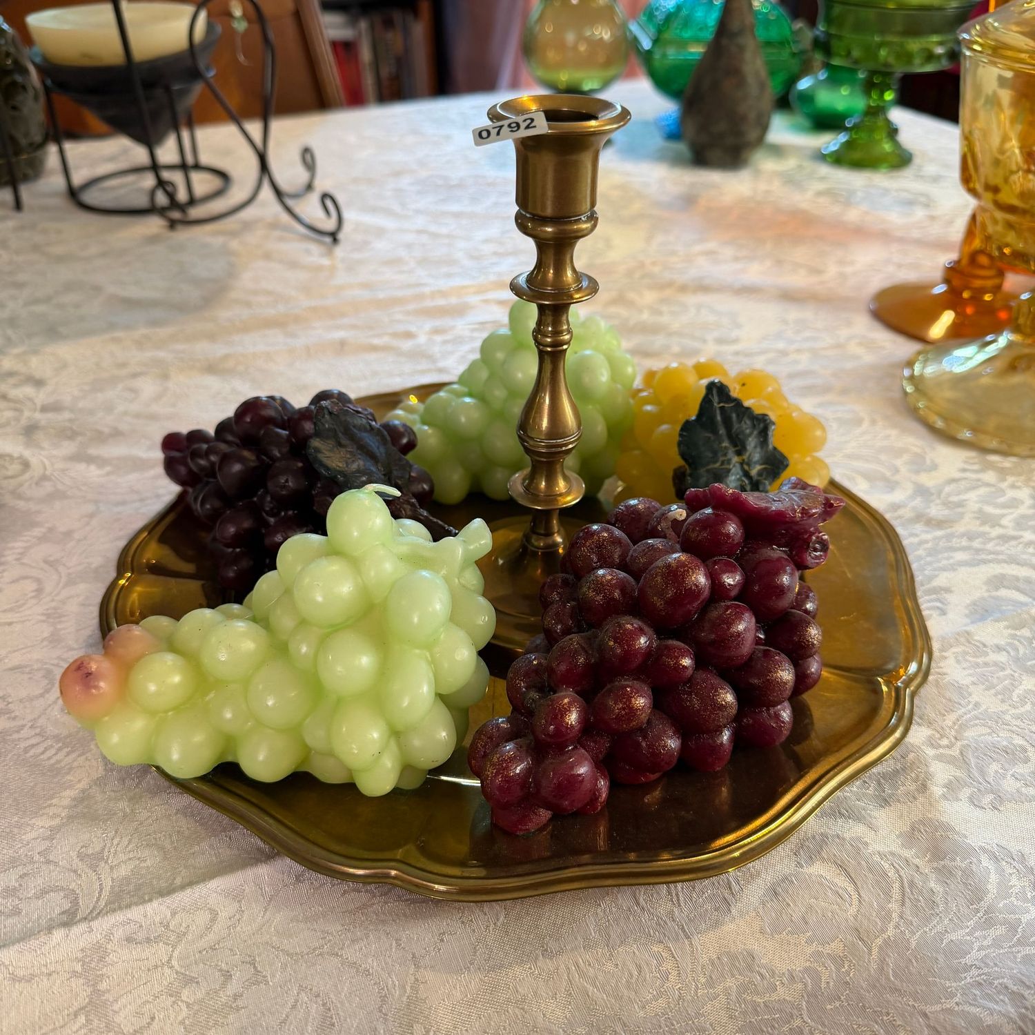Vintage 11 Vintage 11"W brass plate, candlestick, and wax grape cluster candles, S0792