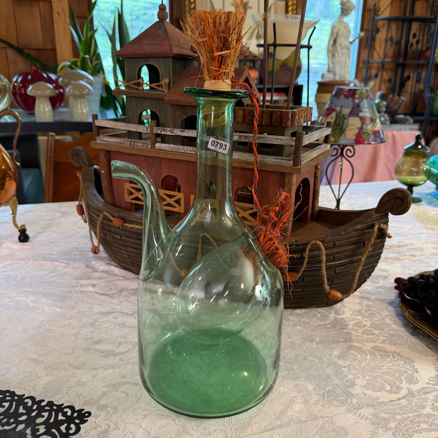 Large vintage green glass wine decanter, 12"H, S0793