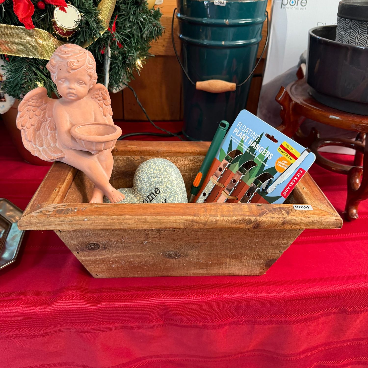 Wooden 13 Wooden 13"W flower box with plant hangers, cherub, and more, S0804