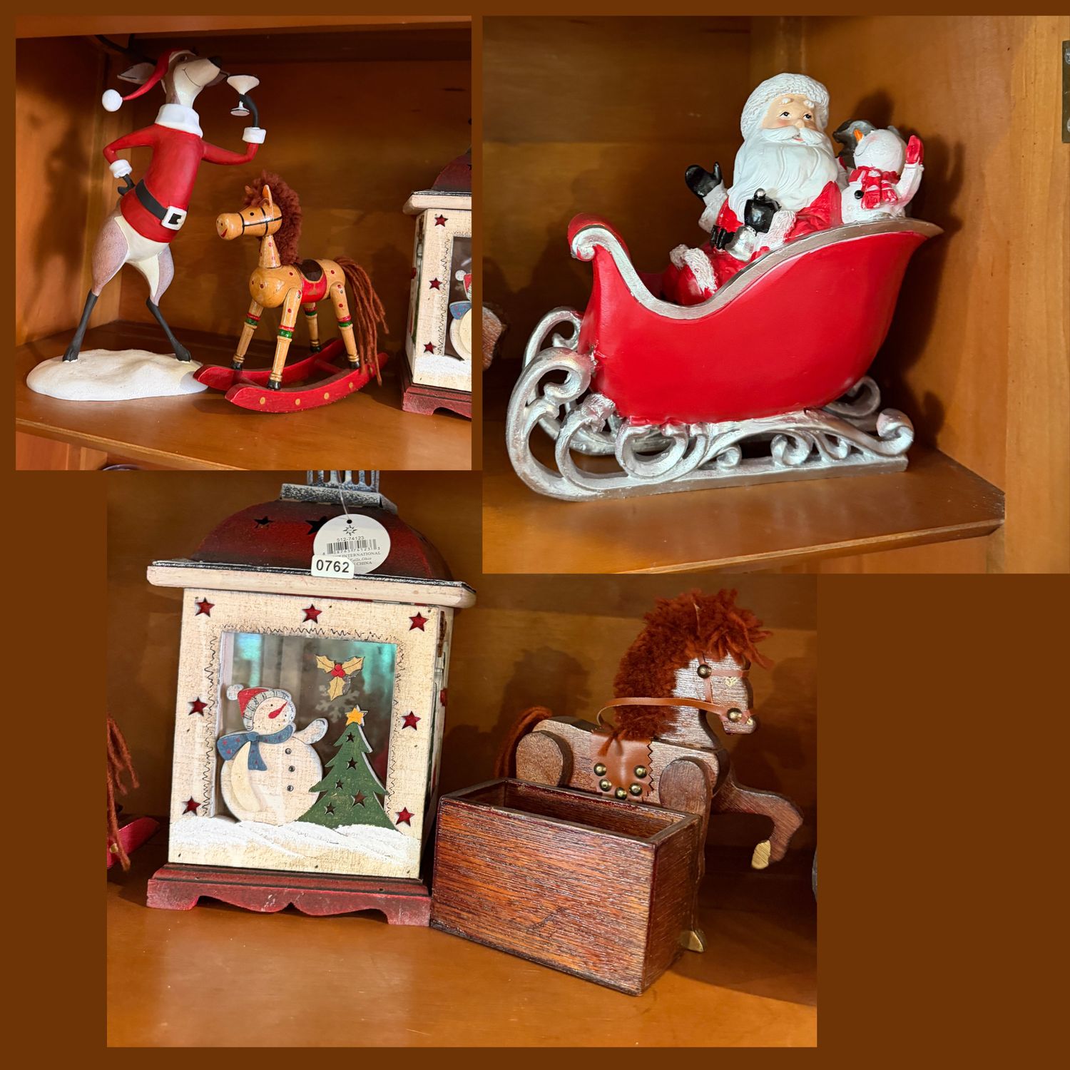 Shelf of Christmas decor, reindeer, rocking horse, snowman lantern, Santa in sleigh, S0762