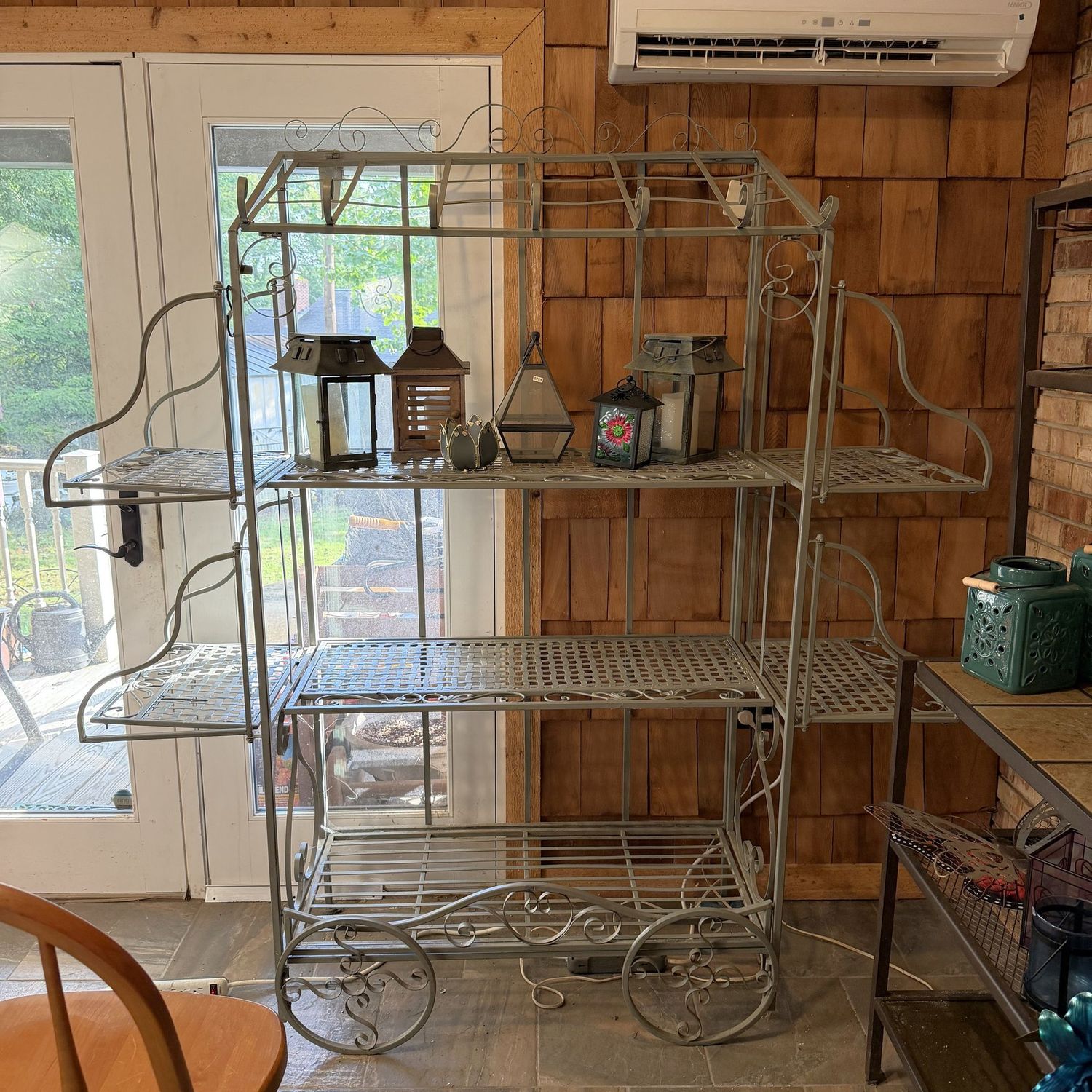 Large plant stand with fold-down shelves on each side, cart design (wheels are stationary), canopy needs a small clamp or hinge repair, this shelf is heavy, 6'2 Large plant stand with fold-down shelves on each side, cart design (wheels are stationary), canopy needs a small clamp or hinge repair, this shelf is heavy, 6'2"H x 23"D x 5'4"W
