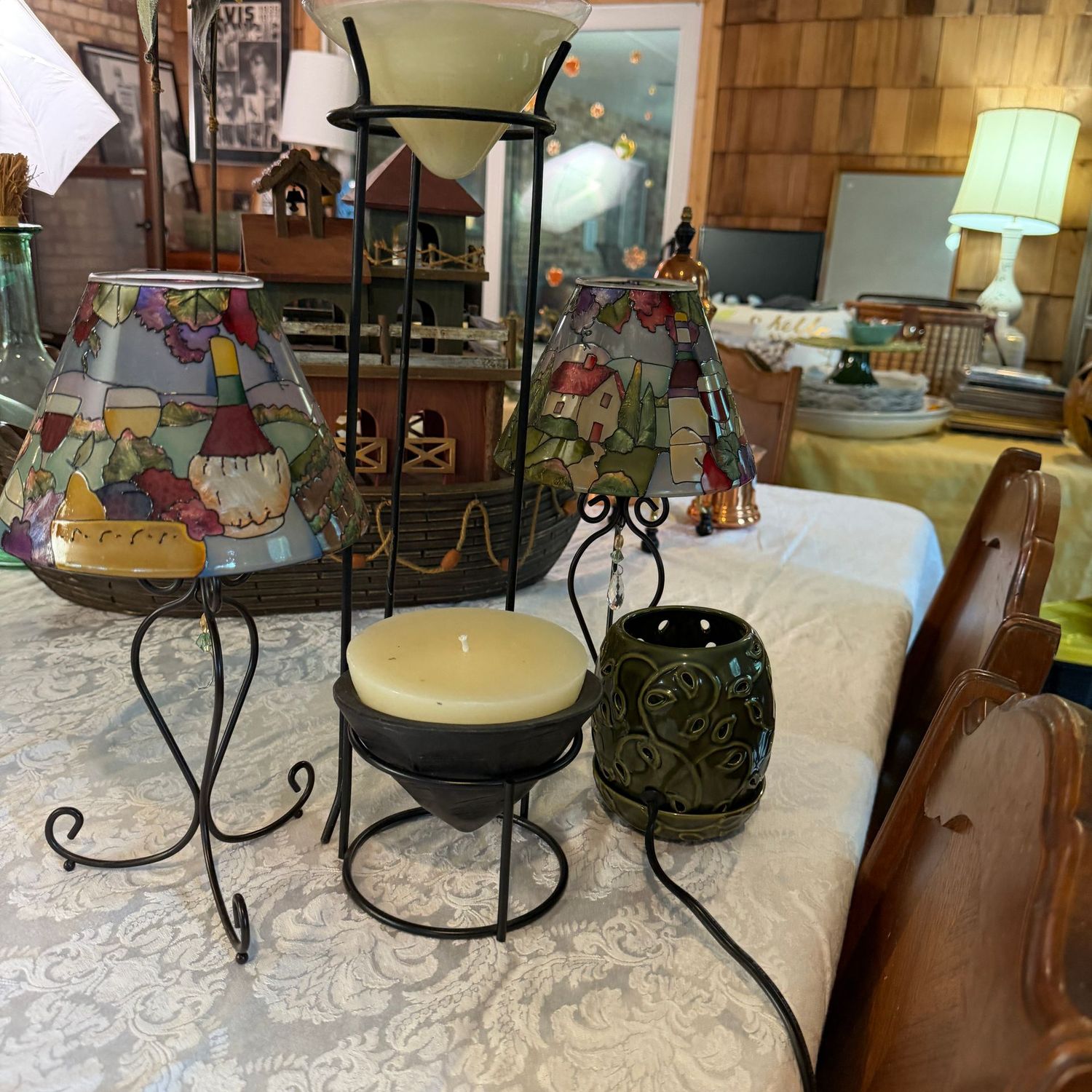 Decorative grouping of tealight lamps, electric luminary, two candle stands, the tallest is 16", S0798