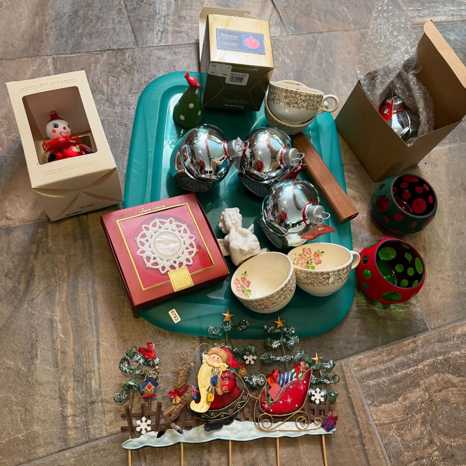 Small green tote with metal sleigh plaque, ornament candy jars, vintage teacups, ornaments, S0783 Small green tote with metal sleigh plaque, ornament candy jars, vintage teacups, ornaments, S0783