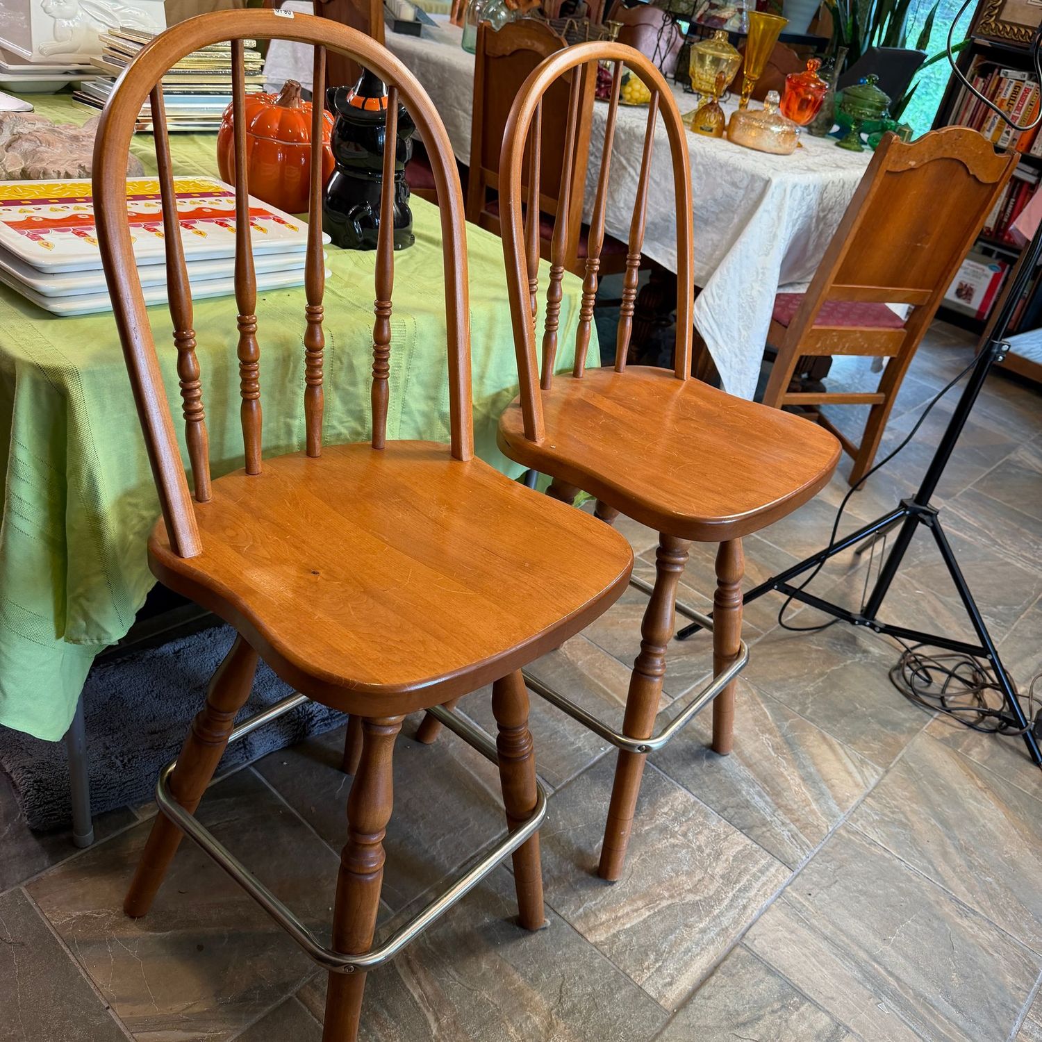 Pair of wooden bar stools, swivel seat, some wear, 40 Pair of wooden bar stools, swivel seat, some wear, 40"H x 16"W, S0790