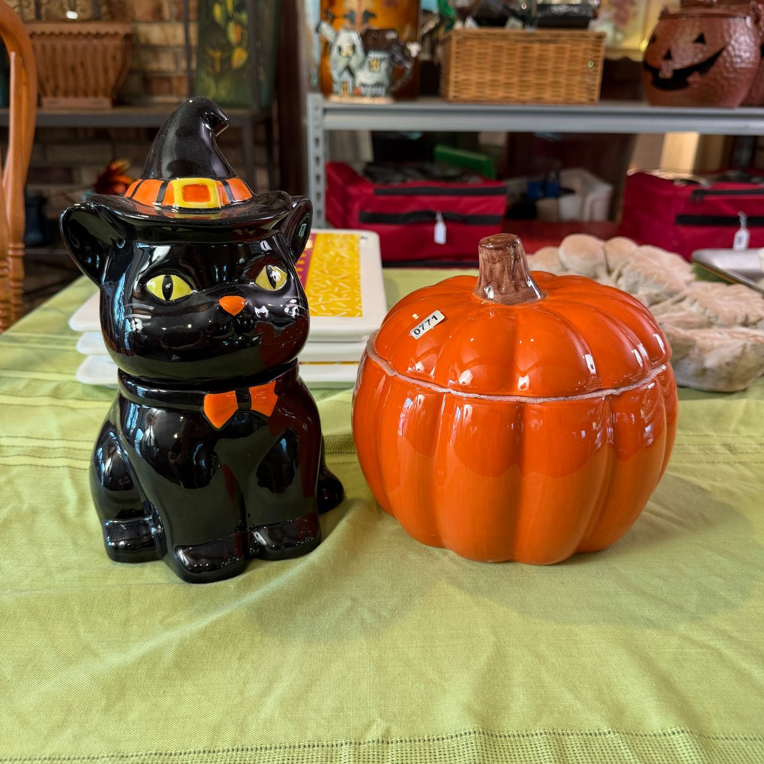 Ceramic pumpkin and 10"H Halloween kitty cookie jars, S0771