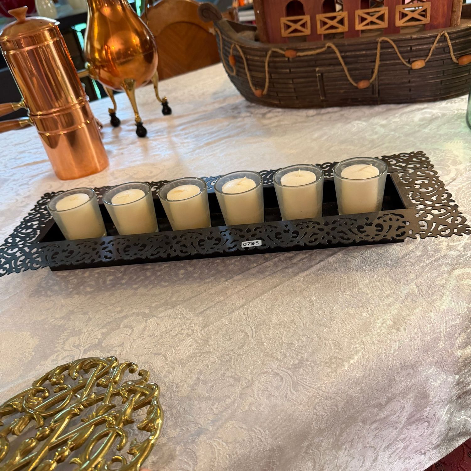 Glass votive candle holders in black metal tray with pierced border, 20"L, S0795