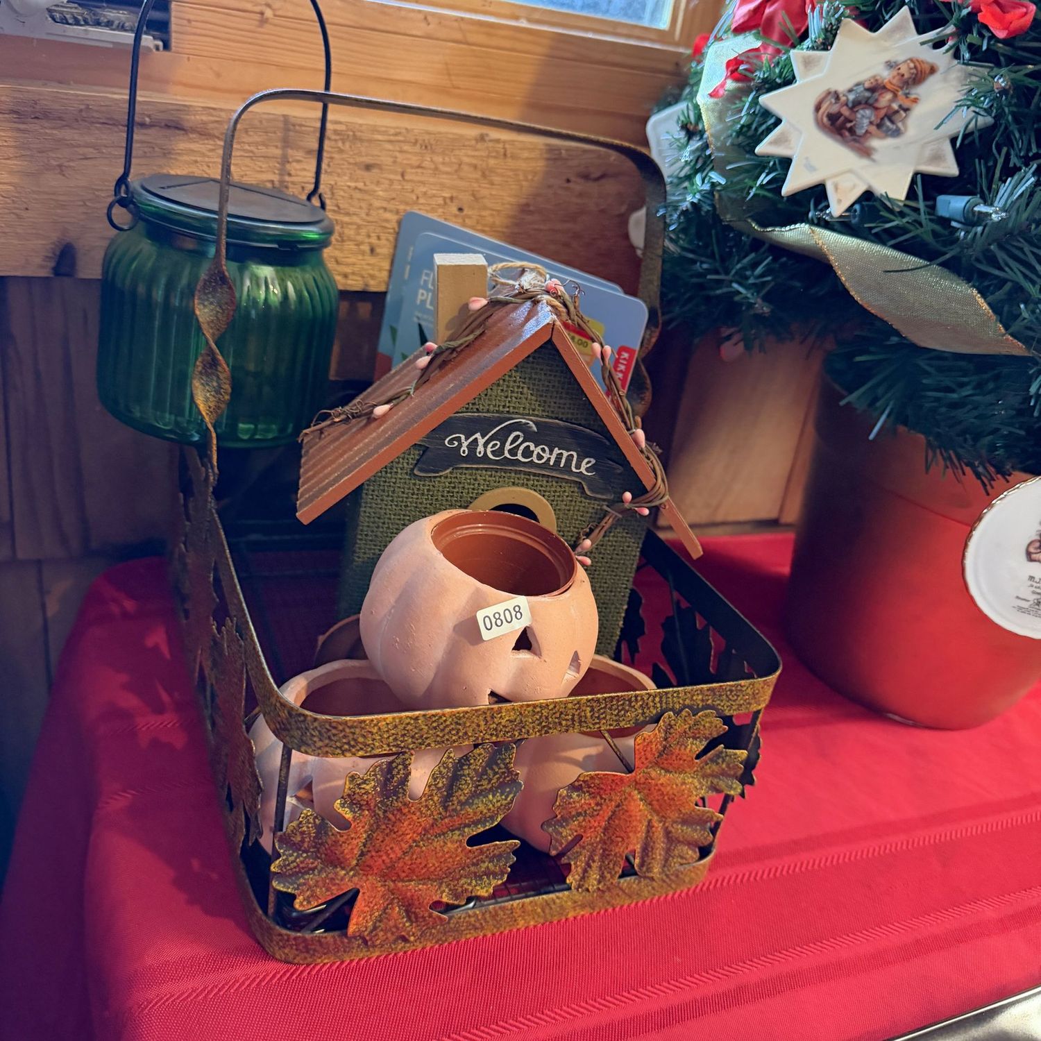 Metal fall-themed basket with pumpkins, house, plant hangers, basket is 12"L, S0808