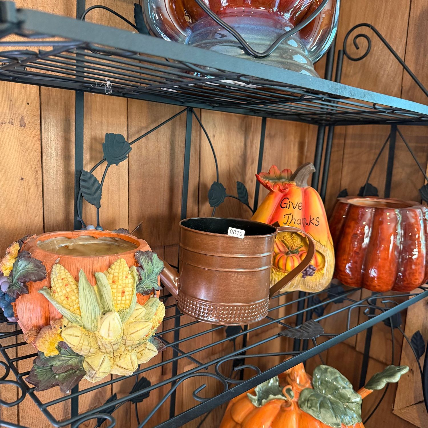 Shelf of fall decor, resin planter & pumpkin, metal watering can, ceramic pumpkin planter, S0810 Shelf of fall decor, resin planter & pumpkin, metal watering can, ceramic pumpkin planter, S0810