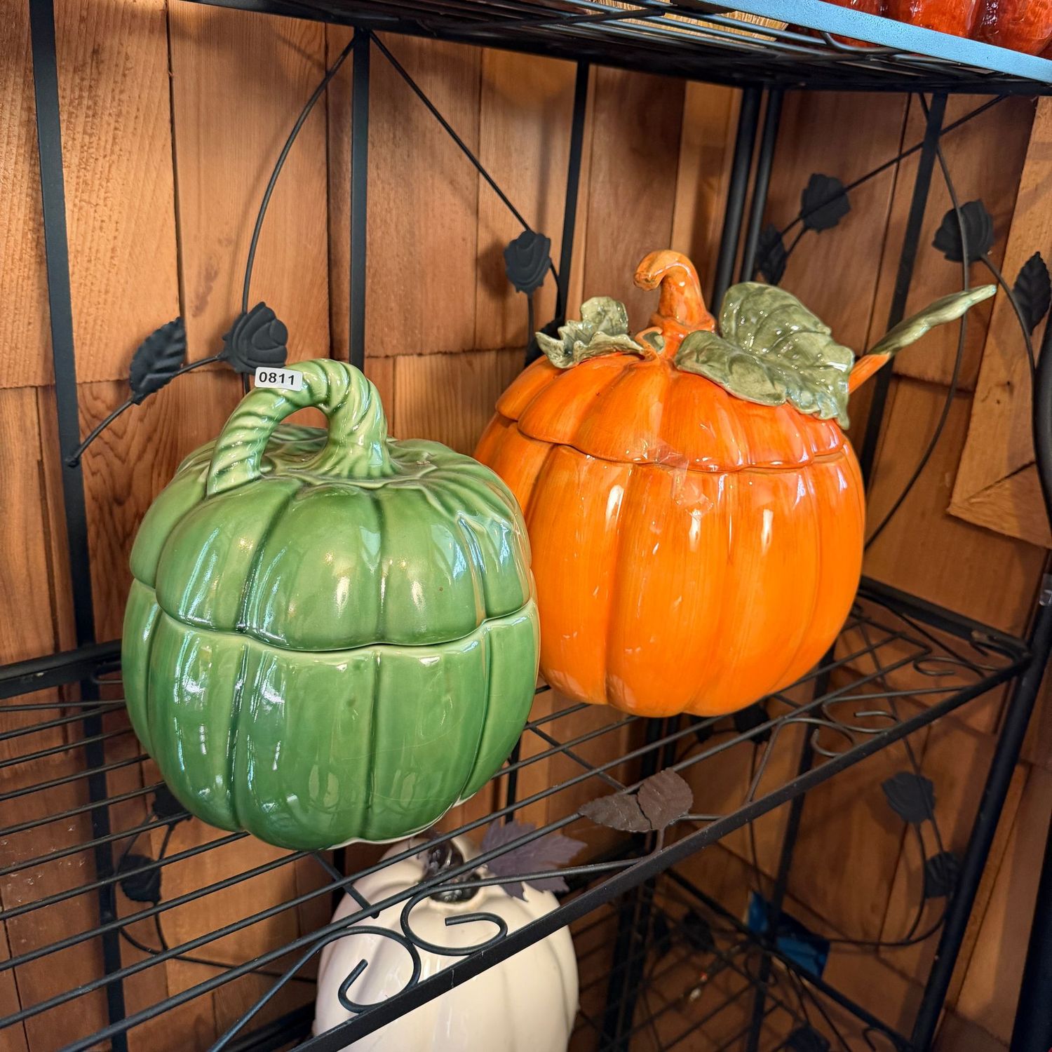 Ceramic green pumpkin canister/cookie jar, and 10 Ceramic green pumpkin canister/cookie jar, and 10"H orange tureen, S0811