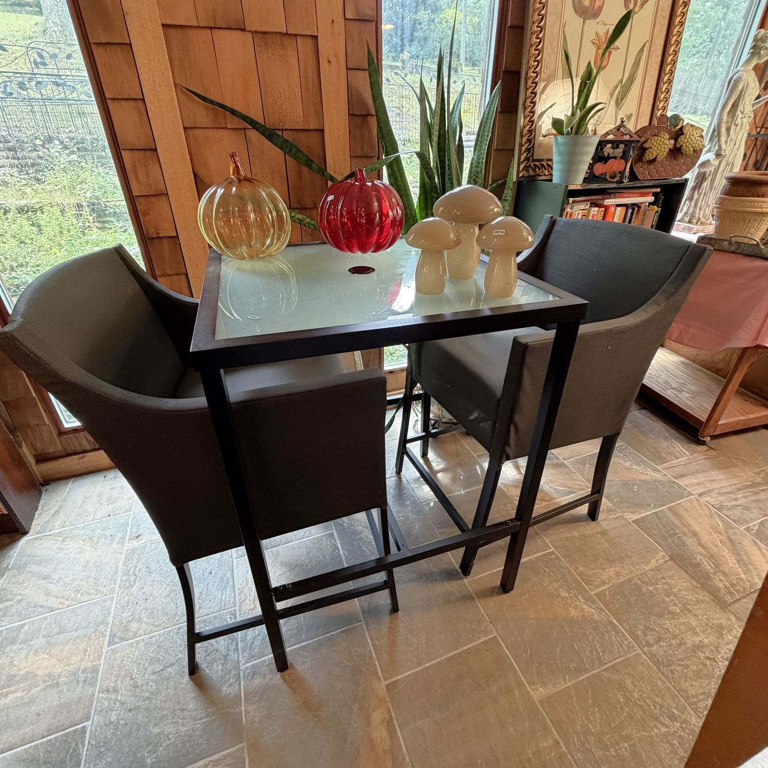 Bistro table with frosted glass top, comfortable mesh chairs, umbrella post opening, minor wear, 36 Bistro table with frosted glass top, comfortable mesh chairs, umbrella post opening, minor wear, 36"H x 27"WS0860