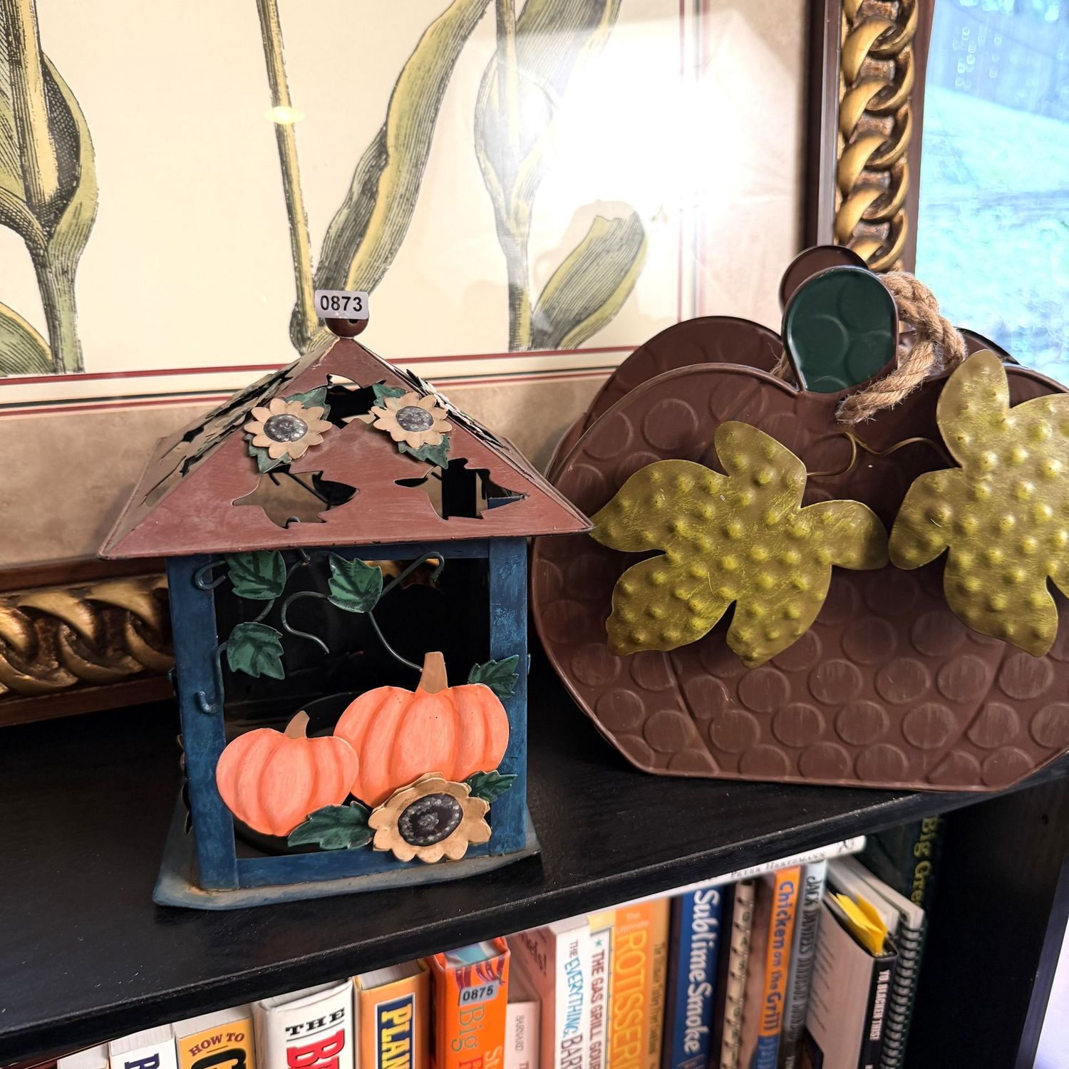 Metal fall decor with luminary lantern and 9 Metal fall decor with luminary lantern and 9"H pumpkin basket, S0873