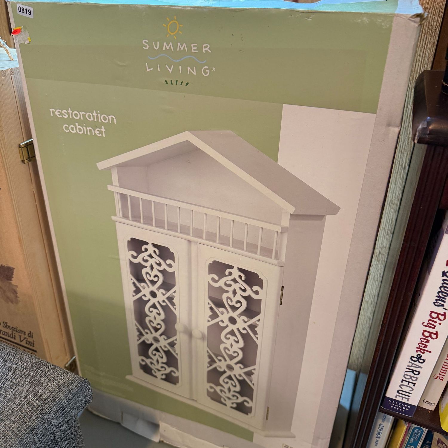 White restoration cabinet in box, birdhouse styling with shelves, approx. 20-22"H x 14"W, S0819