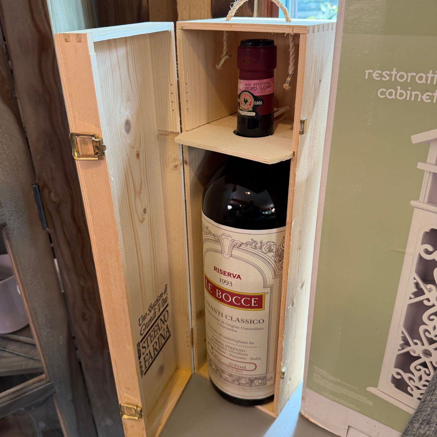 Large Stefano Farina wine bottle box with empty bottle, box is 22 Large Stefano Farina wine bottle box with empty bottle, box is 22"H, great for decorating, S0820